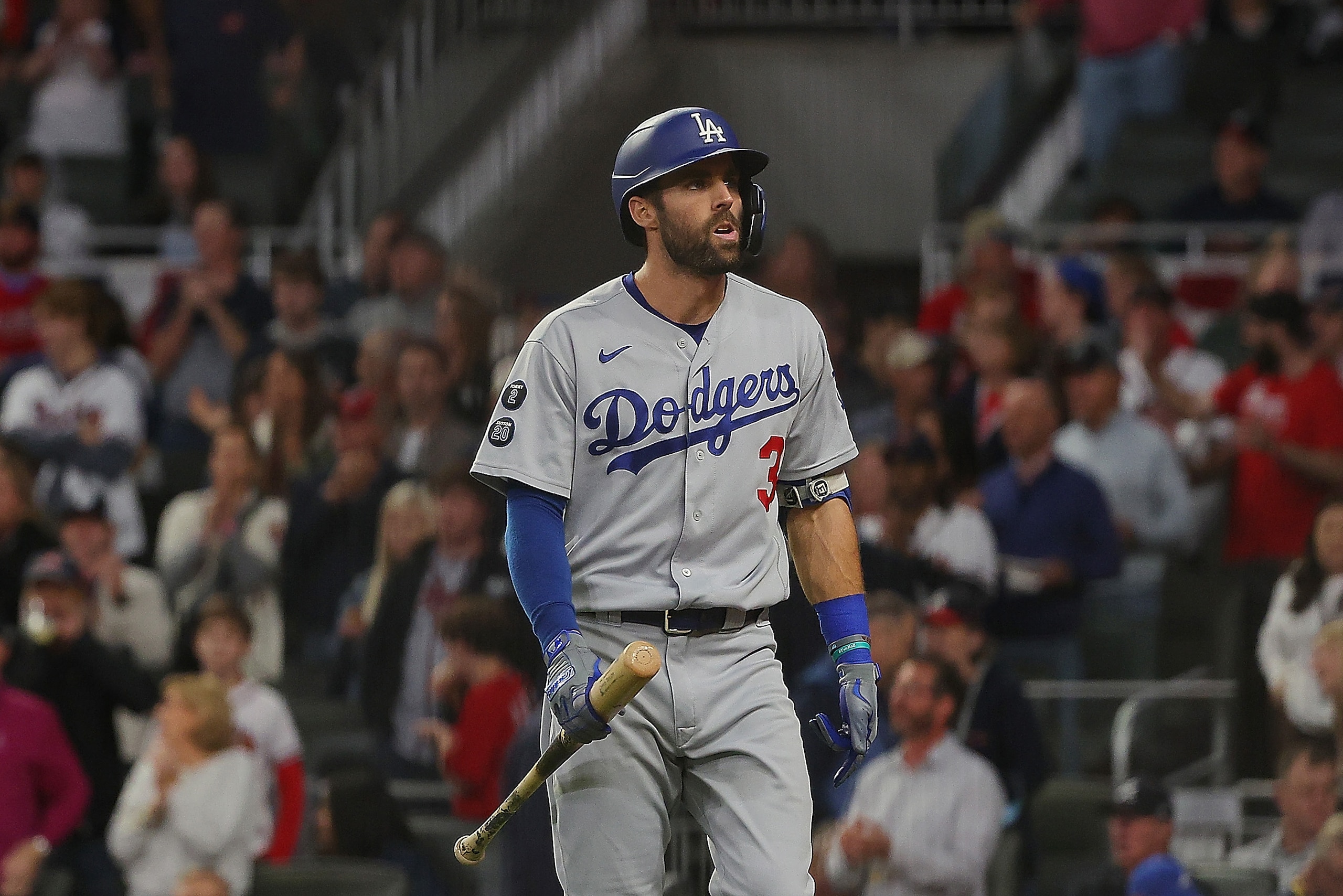 ATLANTA, GEORGIA - OCTOBER 23: Chris Taylor #3 of the Los Angeles Dodgers reacts to a strike out during the fourth inning of Game Six of the National League Championship Series against the Atlanta Braves at Truist Park on October 23, 2021 in Atlanta, Georgia. (Photo by Kevin C. Cox/Getty Images)