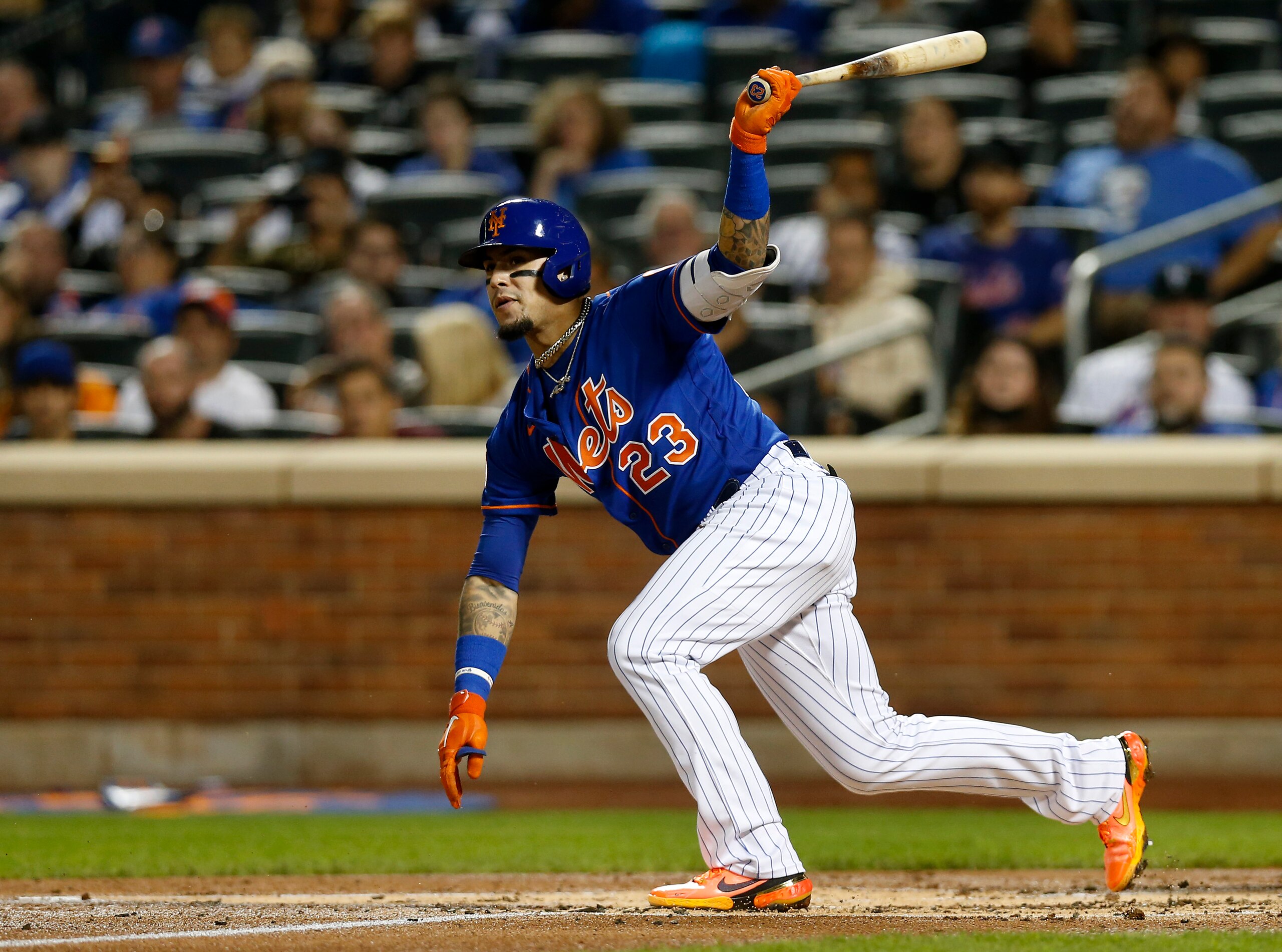 NEW YORK, NEW YORK - SEPTEMBER 28:  Javier Baez #23 of the New York Mets in action against the Miami Marlins at Citi Field on September 28, 2021 in New York City. The Mets defeated the Marlins 2-1 in nine innings. (Photo by Jim McIsaac/Getty Images)