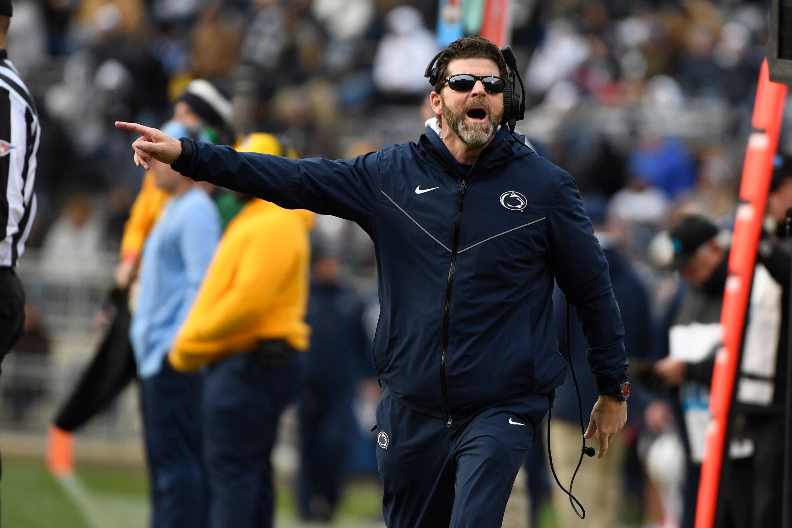 Penn State defensive coordinator Brent Pry gestures against Rutgers during the second half of an NCAA college football game in State College,Pa.,Saturday, Nov. 20, 2021. (AP Photo/Barry Reeger)
