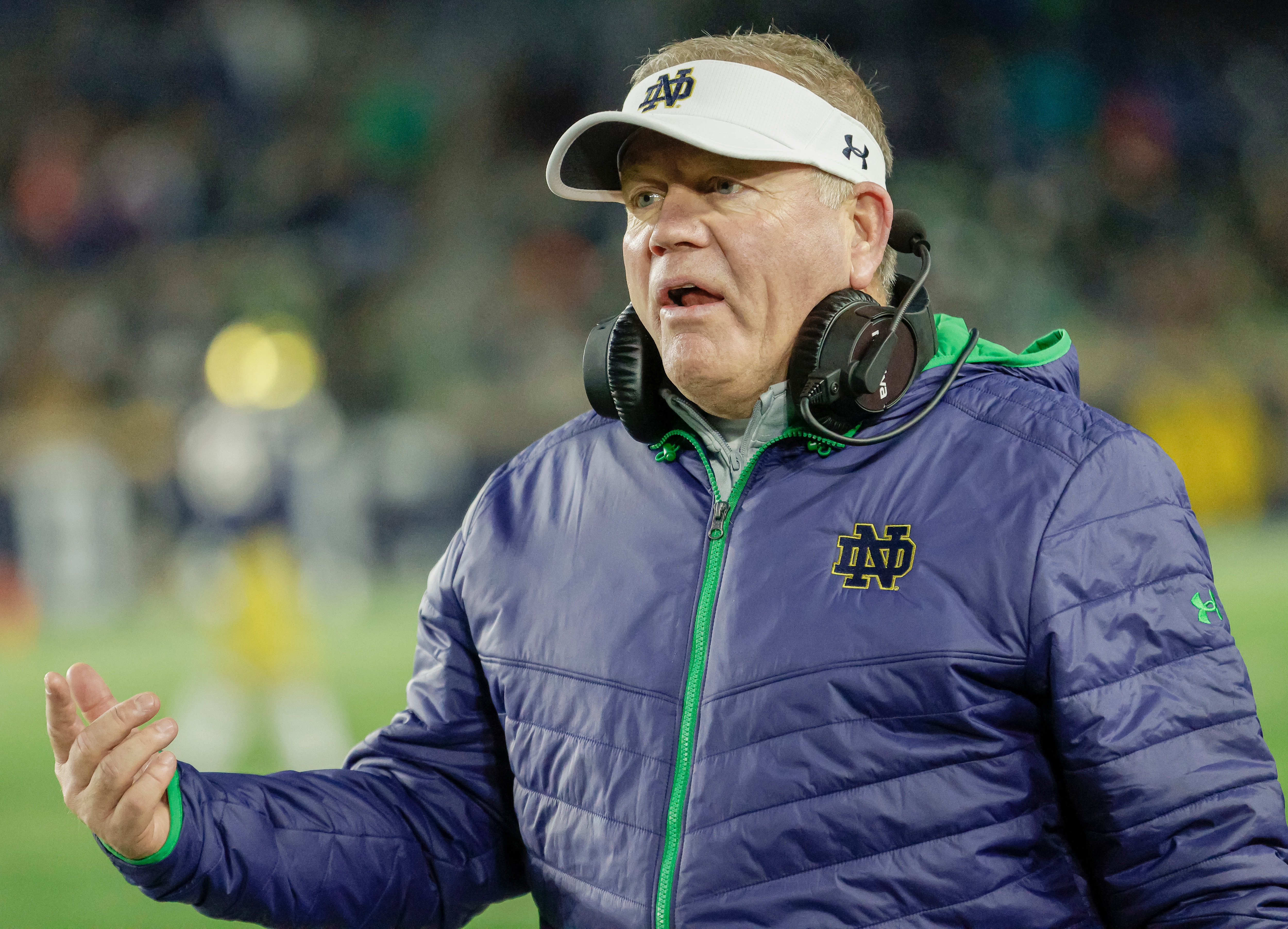 SOUTH BEND, IN - NOVEMBER 20: Head coach Brian Kelly of the Notre Dame Fighting Irish is seen during the game against the Georgia Tech Yellow Jackets at Notre Dame Stadium on November 20, 2021 in South Bend, Indiana. (Photo by Michael Hickey/Getty Images)
