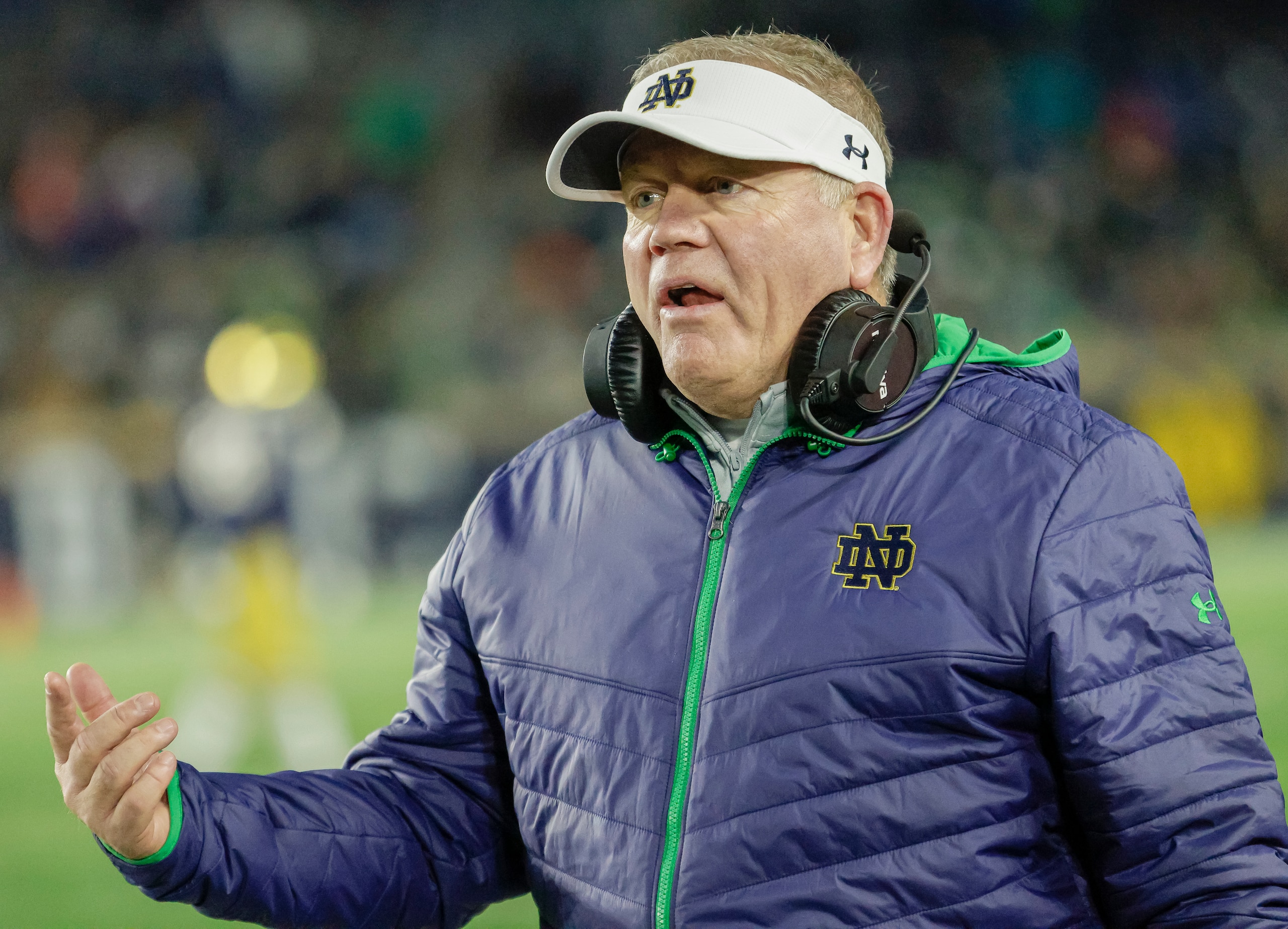 SOUTH BEND, IN - NOVEMBER 20: Head coach Brian Kelly of the Notre Dame Fighting Irish is seen during the game against the Georgia Tech Yellow Jackets at Notre Dame Stadium on November 20, 2021 in South Bend, Indiana. (Photo by Michael Hickey/Getty Images)