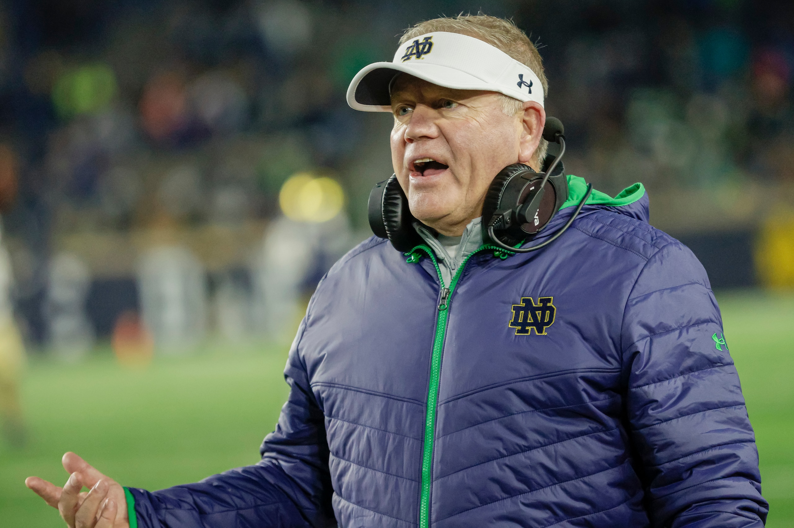 SOUTH BEND, IN - NOVEMBER 20: Head coach Brian Kelly of the Notre Dame Fighting Irish is seen during the game against the Georgia Tech Yellow Jackets at Notre Dame Stadium on November 20, 2021 in South Bend, Indiana. (Photo by Michael Hickey/Getty Images)