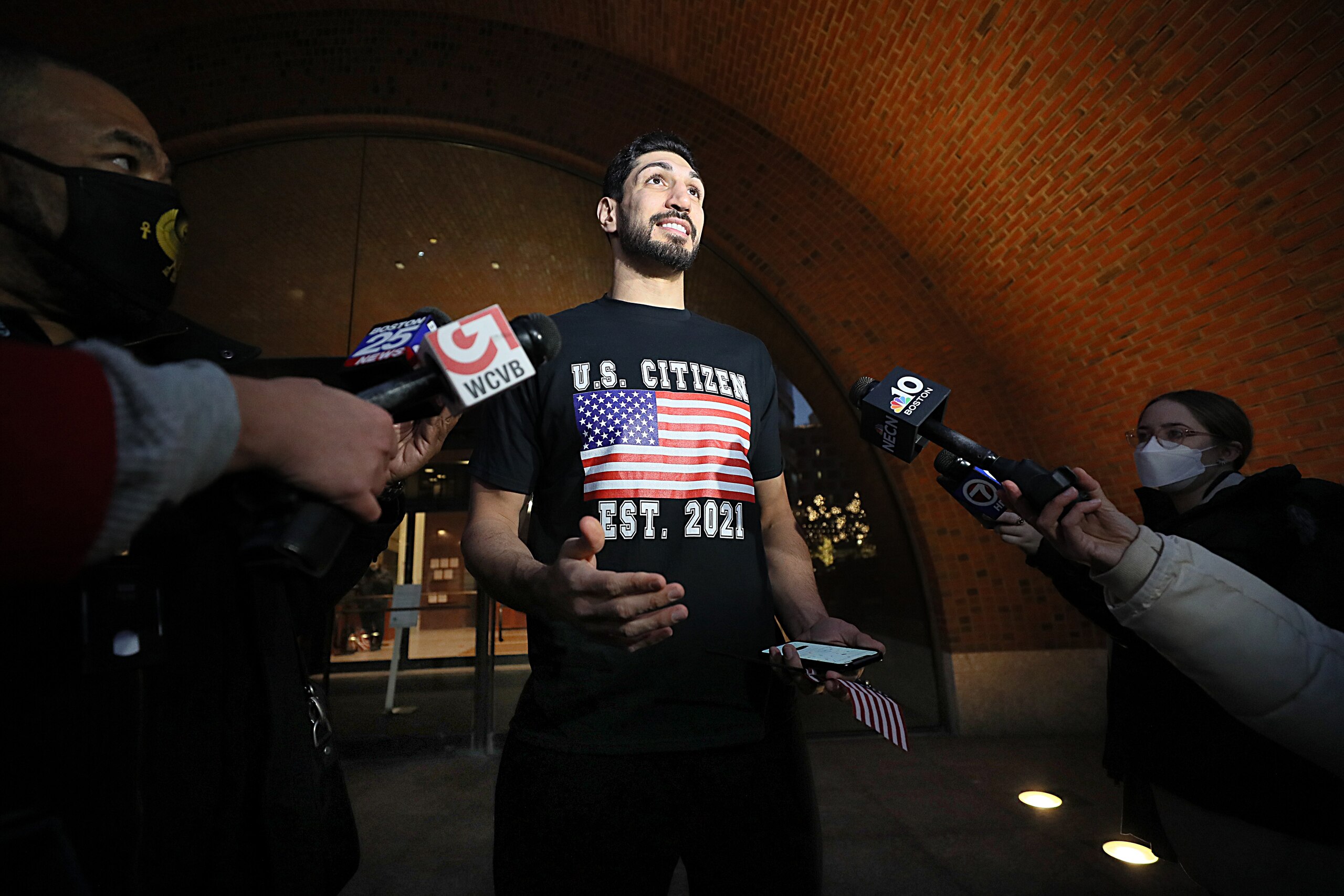 Boston, MA - November 29: Enes Kanter leaves the John Joseph Moakley United States Courthouse in Boston after he was sworn in as a U.S. citizen and legally changed his name to Enes Kanter Freedom on November 29, 2021. (Photo by Suzanne Kreiter/The Boston Globe via Getty Images) Boston, MA - November 29: Enes Kanter leaves the John Joseph Moakley United States Courthouse in Boston after he was sworn in as a U.S. citizen and legally changed his name to Enes Kanter Freedom on November 29, 2021. (Photo by Suzanne Kreiter/The Boston Globe via Getty Images)