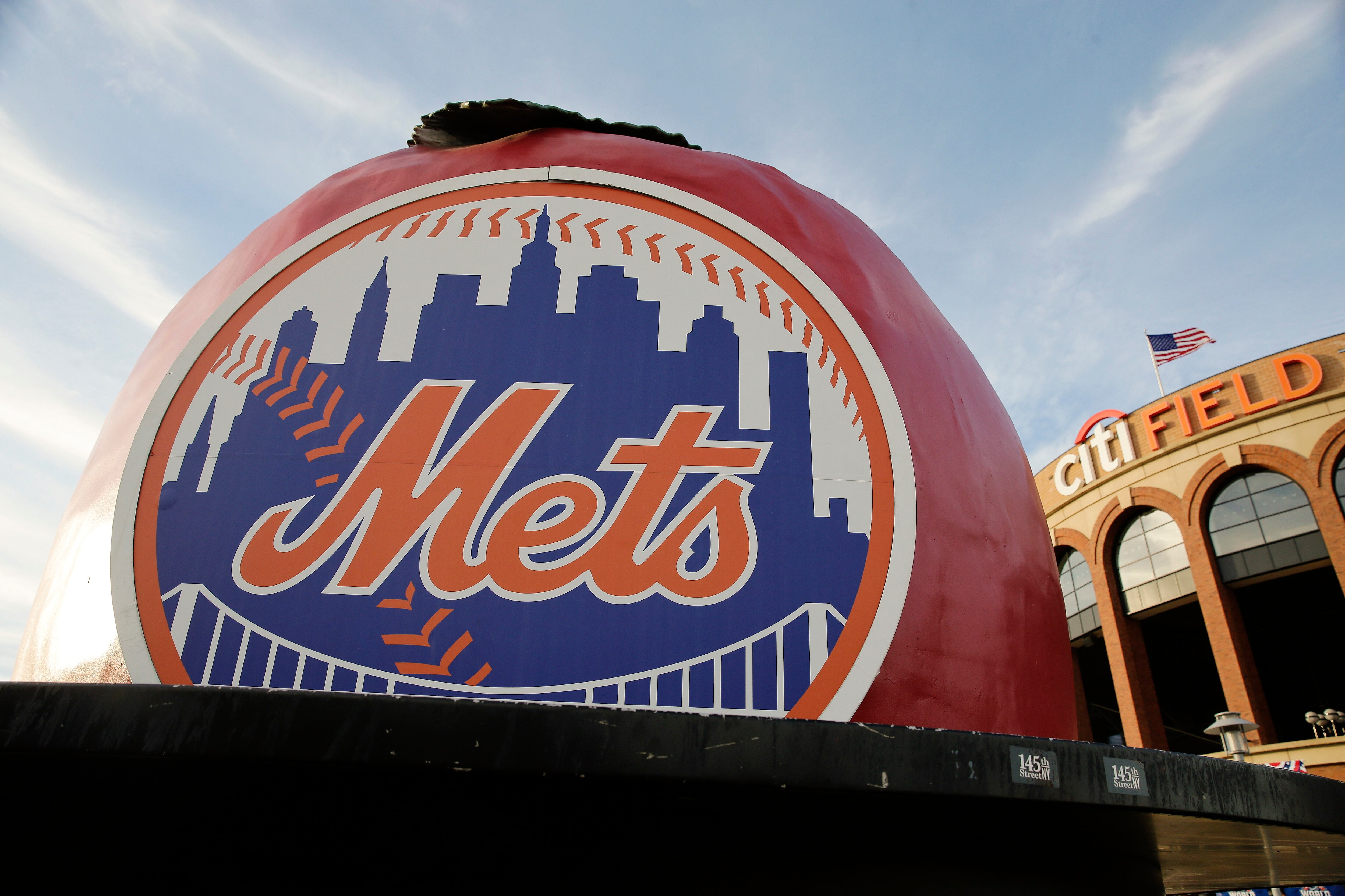 The New York Mets logo is displayed Citi Field before Friday's Game 3 of the Major League Baseball World Series between the Mets and the Kansas City Royals, Thursday, Oct. 29, 2015, in New York. (AP Photo/Peter Morgan)