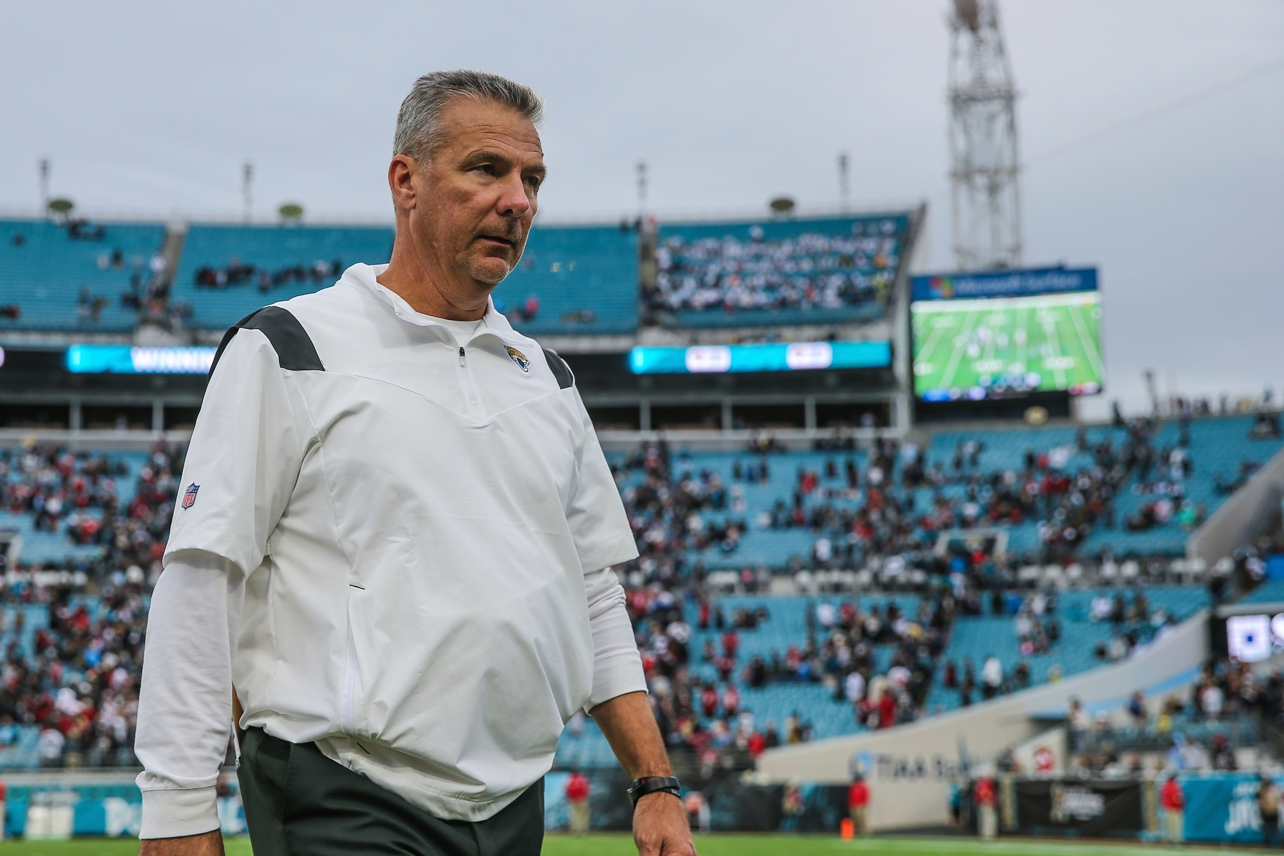 Jacksonville Jaguars head coach Urban Meyer walks off the field after an NFL football game against the Atlanta Falcons, Sunday, Nov. 28, 2021, in Jacksonville, Fla. The Falcons defeated the Jaguars 21-14. (AP Photo/Gary McCullough)