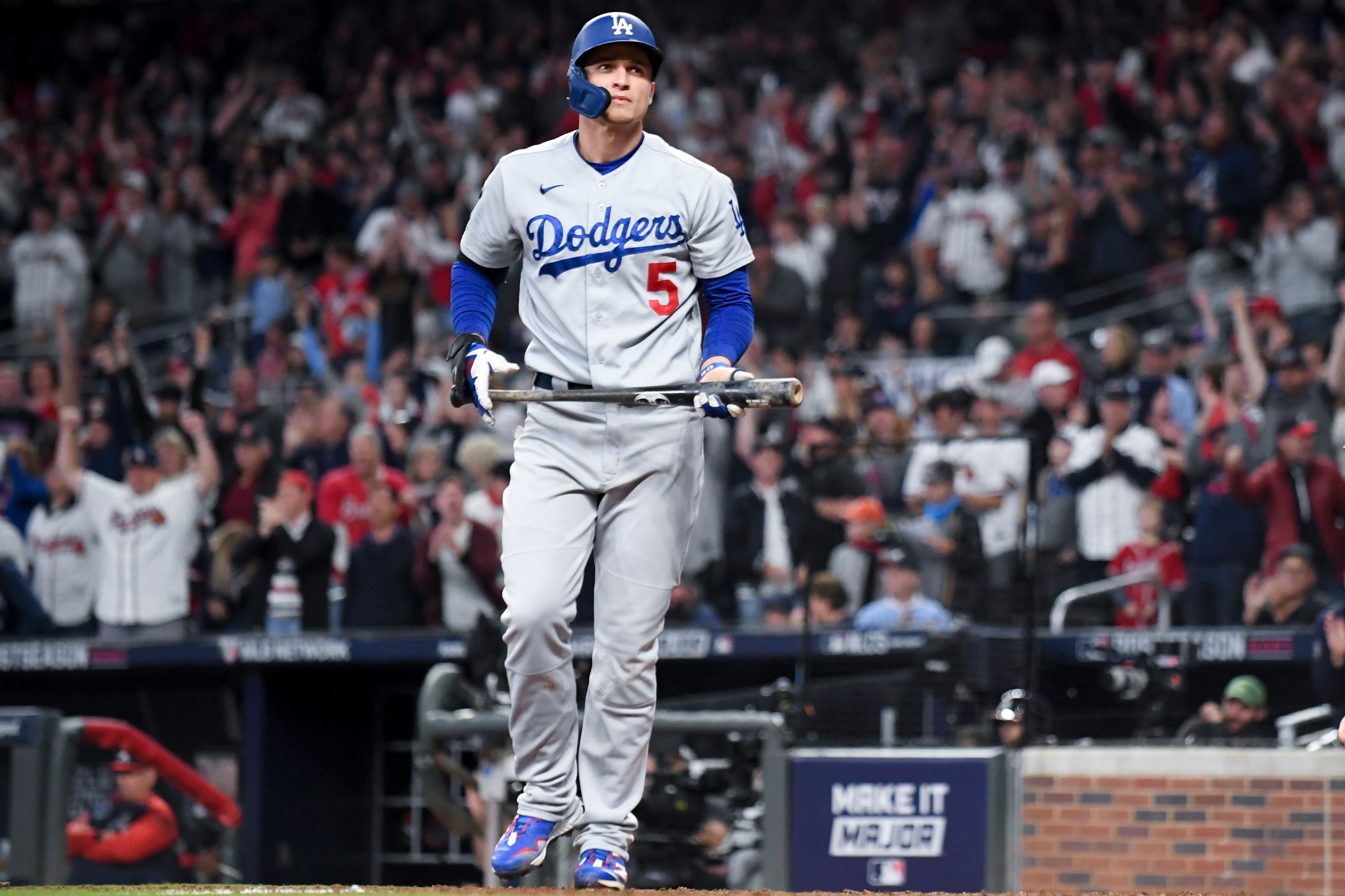 Atlanta, GA - October 23: Los Angeles Dodgers' Corey Seager reacts after striking out during the eighth inning in game six in the 2021 National League Championship Series against the Atlanta Braves at Truist Park on Saturday, Oct. 23, 2021 in Atlanta, GA. (Wally Skalij / Los Angeles Times via Getty Images)