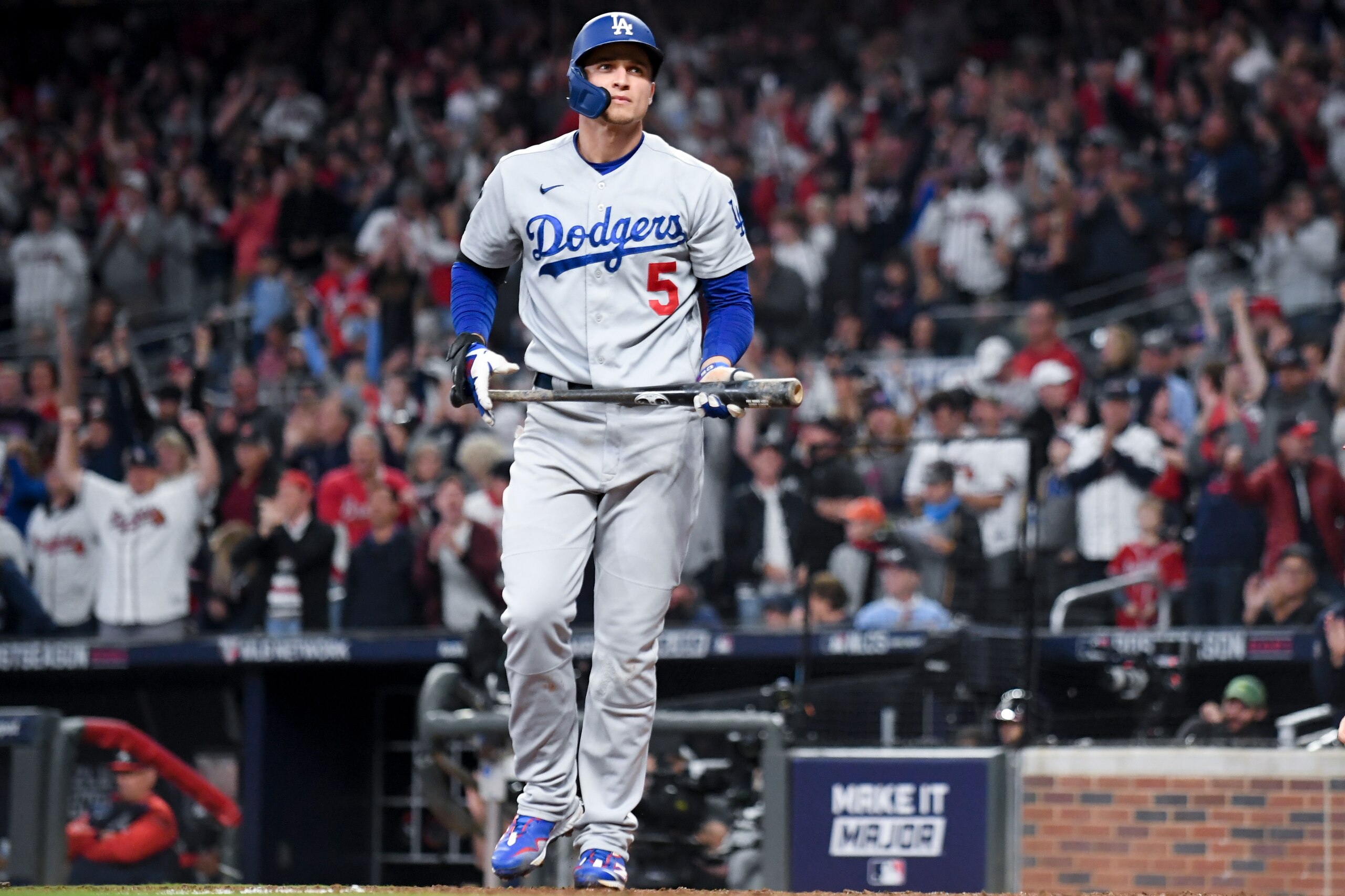 Atlanta, GA - October 23: Los Angeles Dodgers' Corey Seager reacts after striking out during the eighth inning in game six in the 2021 National League Championship Series against the Atlanta Braves at Truist Park on Saturday, Oct. 23, 2021 in Atlanta, GA. (Wally Skalij / Los Angeles Times via Getty Images)