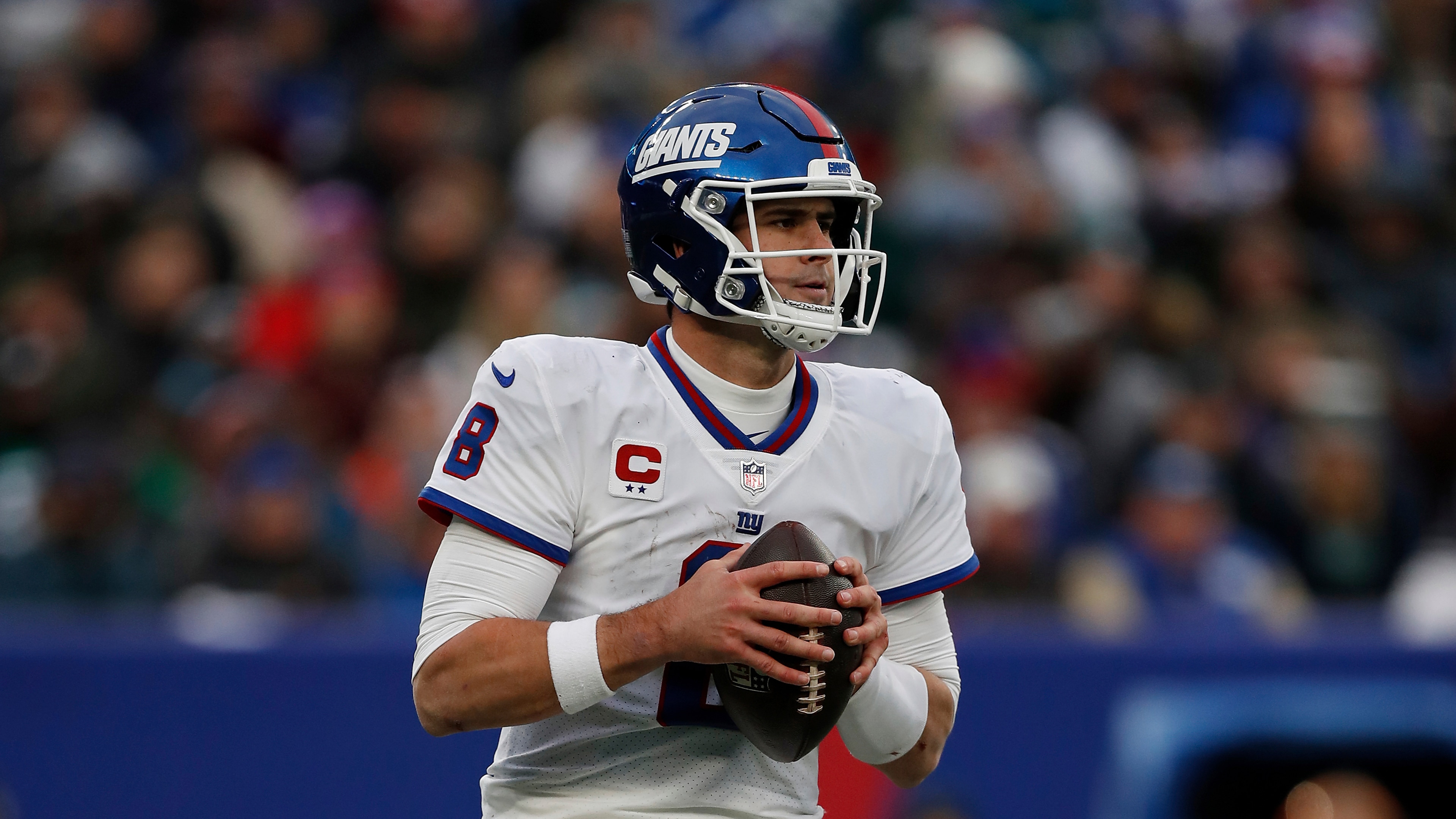 New York Giants quarterback Daniel Jones (8) looks to pass the ball during an NFL football game against the Philadelphia Eagles, Sunday, Nov. 28, 2021, in East Rutherford, N.J. The New York Giants defeated the Philadelphia Eagles 13-7. (AP Photo/Steve Luciano)