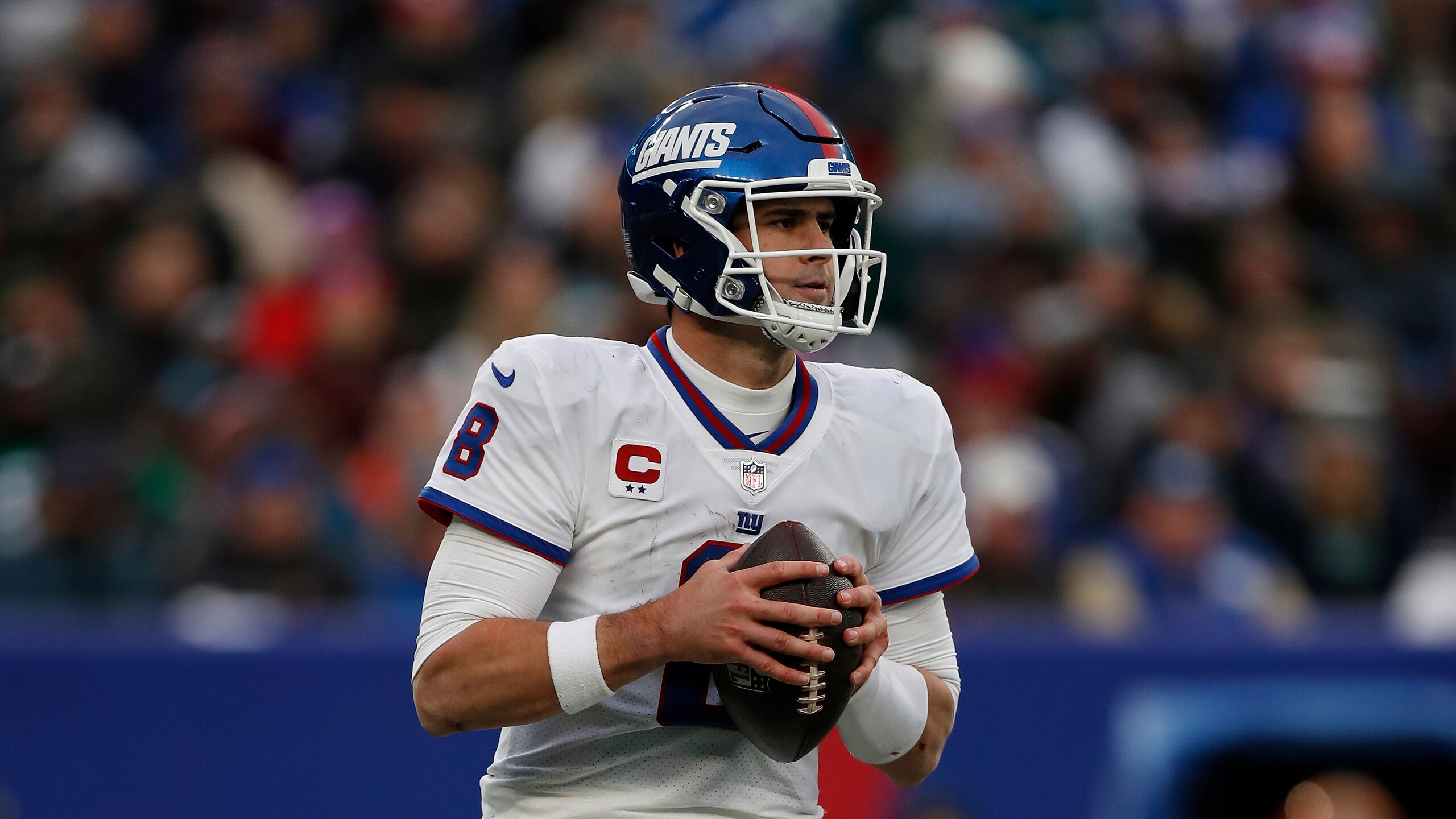 New York Giants quarterback Daniel Jones (8) looks to pass the ball during an NFL football game against the Philadelphia Eagles, Sunday, Nov. 28, 2021, in East Rutherford, N.J. The New York Giants defeated the Philadelphia Eagles 13-7. (AP Photo/Steve Luciano)