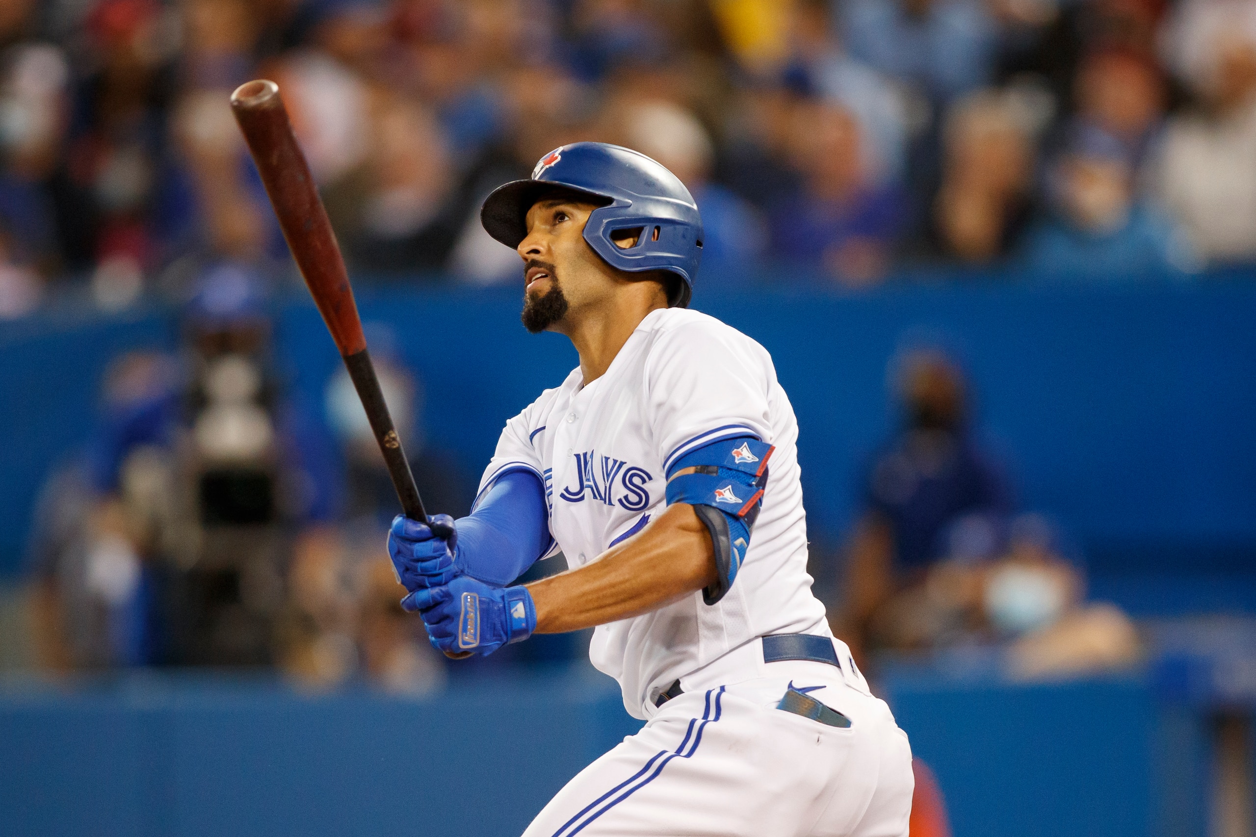 TORONTO, ON - OCTOBER 01: Marcus Semien #10 of the Toronto Blue Jays swings in the first inning of their MLB game against the Baltimore Orioles at Rogers Centre on October 1, 2021 in Toronto, Ontario. (Photo by Cole Burston/Getty Images)