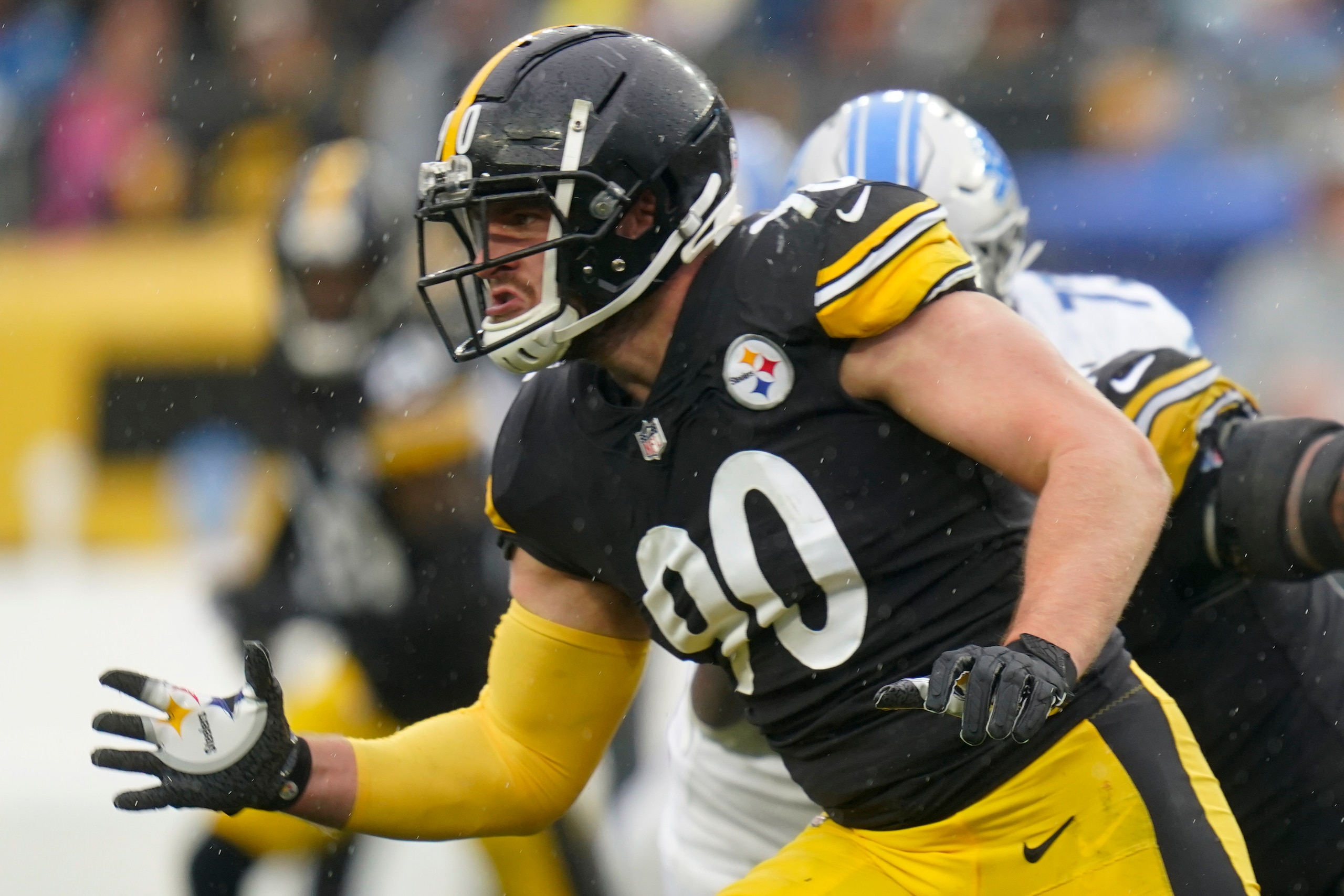 Pittsburgh Steelers outside linebacker T.J. Watt (90) plays in an NFL football game against the Detroit Lions, Sunday, Nov. 14, 2021, in Pittsburgh. (AP Photo/Keith Srakocic) Pittsburgh Steelers outside linebacker T.J. Watt (90) plays in an NFL football game against the Detroit Lions, Sunday, Nov. 14, 2021, in Pittsburgh. (AP Photo/Keith Srakocic)