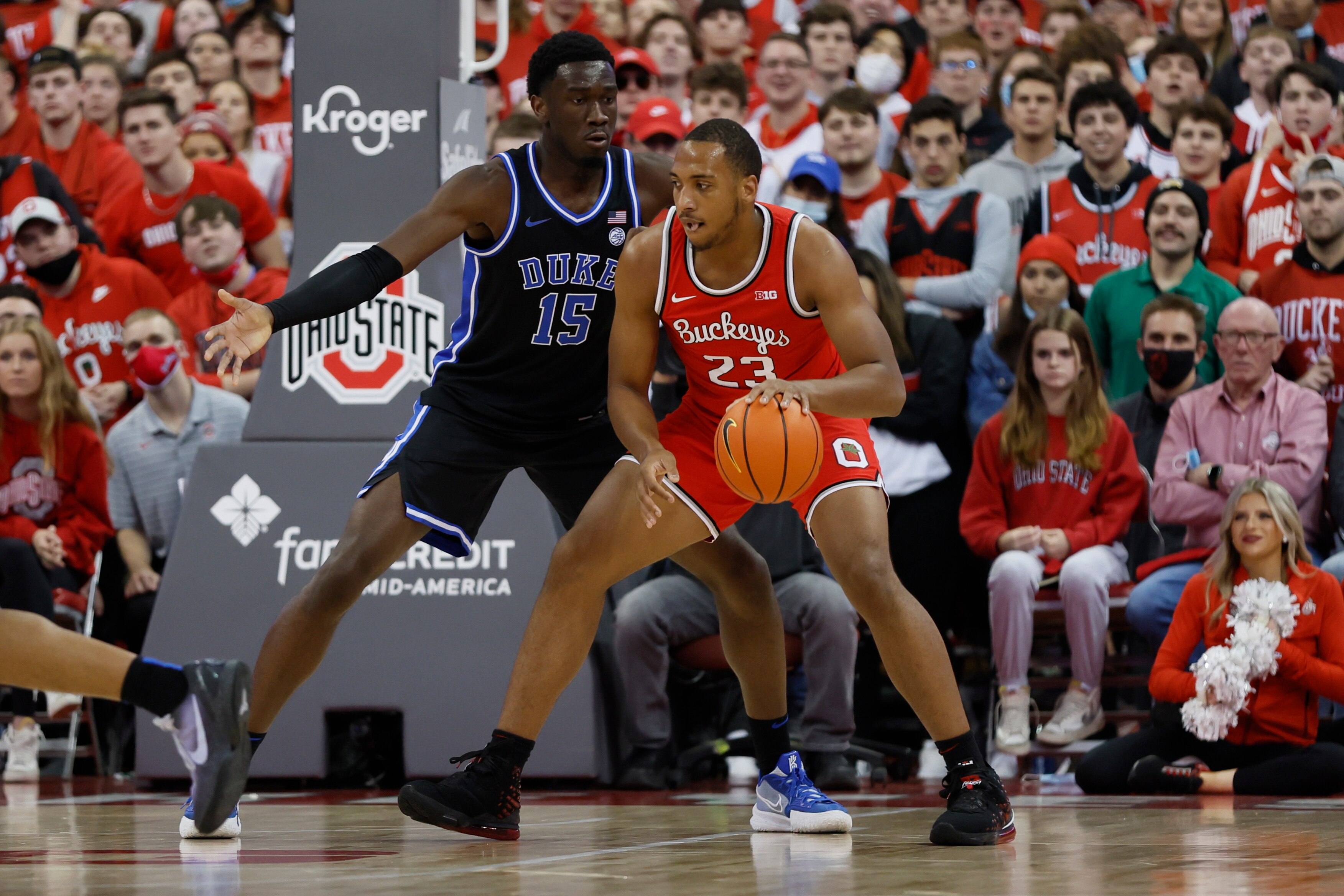 Ohio State's Zed Key, right, posts up against Duke's Mark Williams during the first half of an NCAA college basketball game Tuesday, Nov. 30, 2021, in Columbus, Ohio. (AP Photo/Jay LaPrete)