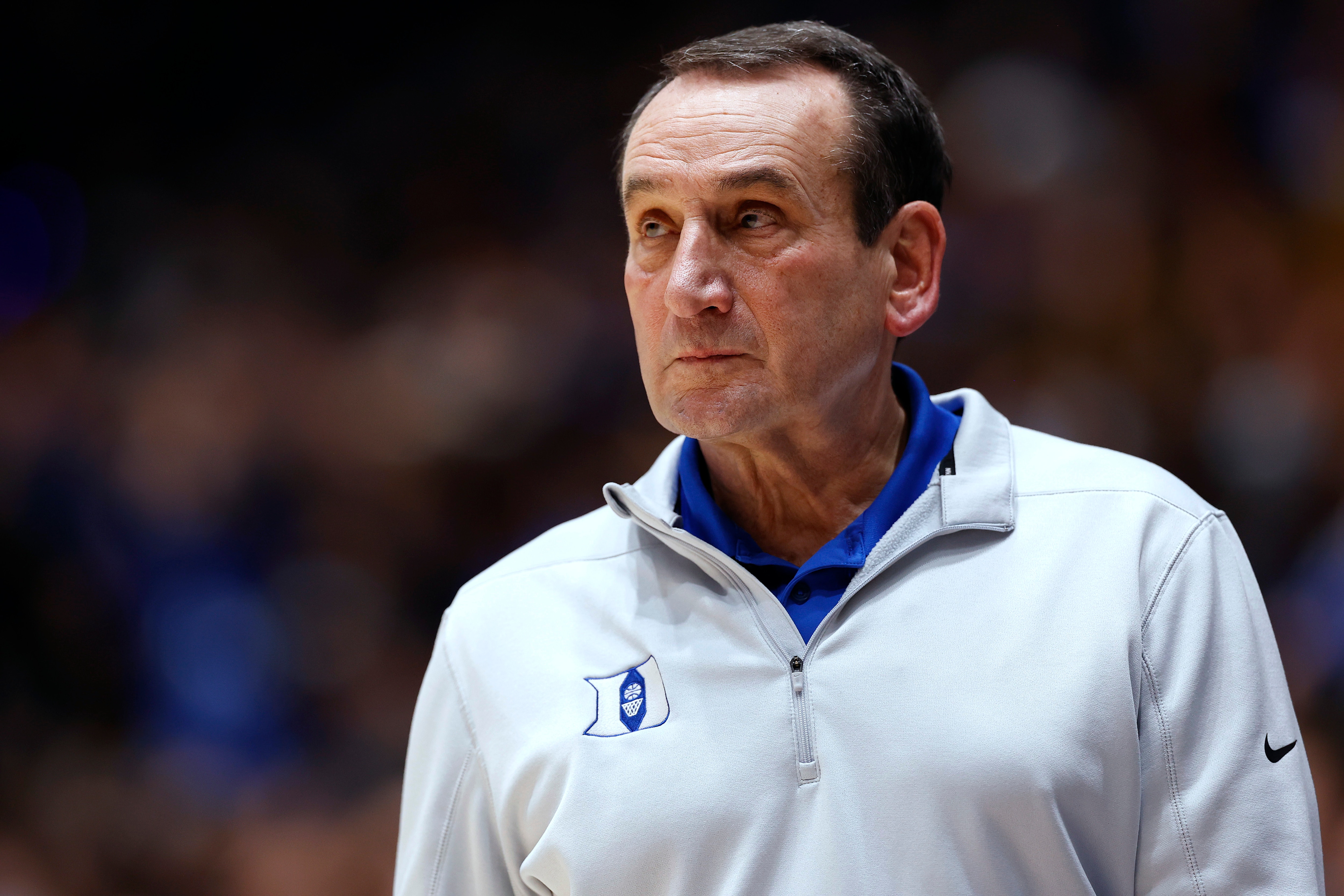 DURHAM, NORTH CAROLINA - NOVEMBER 22: Head coach Mike Krzyzewski of the Duke Blue Devils watches his team play against the Citadel Bulldogs during their game at Cameron Indoor Stadium on November 22, 2021 in Durham, North Carolina. (Photo by Grant Halverson/Getty Images)