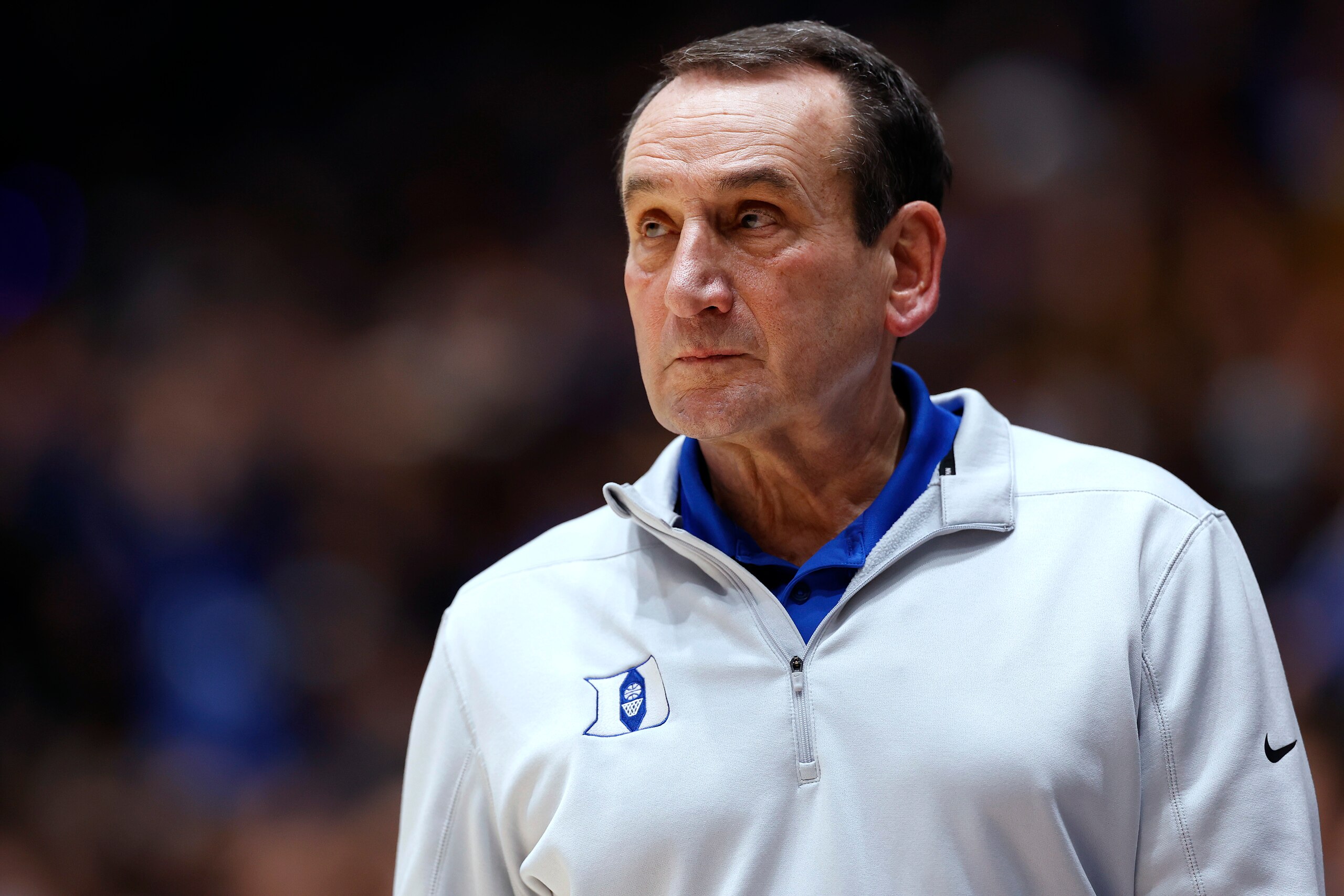 DURHAM, NORTH CAROLINA - NOVEMBER 22: Head coach Mike Krzyzewski of the Duke Blue Devils watches his team play against the Citadel Bulldogs during their game at Cameron Indoor Stadium on November 22, 2021 in Durham, North Carolina. (Photo by Grant Halverson/Getty Images) DURHAM, NORTH CAROLINA - NOVEMBER 22: Head coach Mike Krzyzewski of the Duke Blue Devils watches his team play against the Citadel Bulldogs during their game at Cameron Indoor Stadium on November 22, 2021 in Durham, North Carolina. (Photo by Grant Halverson/Getty Images)