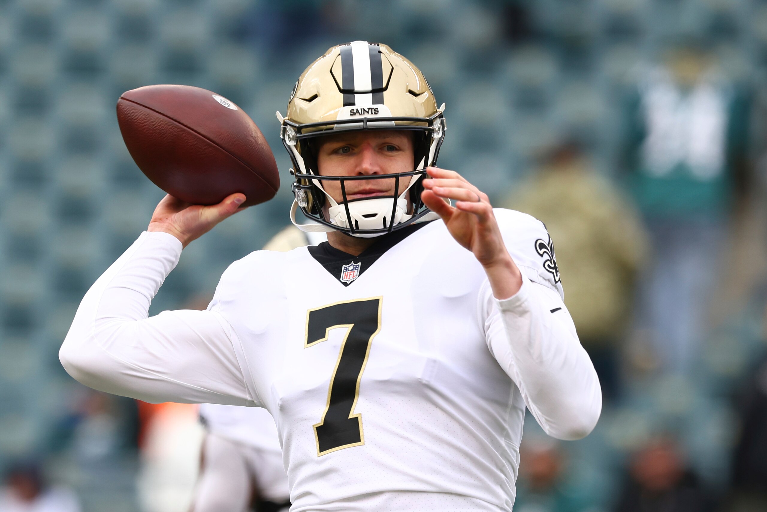 New Orleans Saints quarterback Taysom Hill (7) before an NFL football game against the Philadelphia Eagles, Sunday, Nov. 21, 2021, in Philadelphia. The Eagles defeated the Saints 40-29. (AP Photo/Rich Schultz)