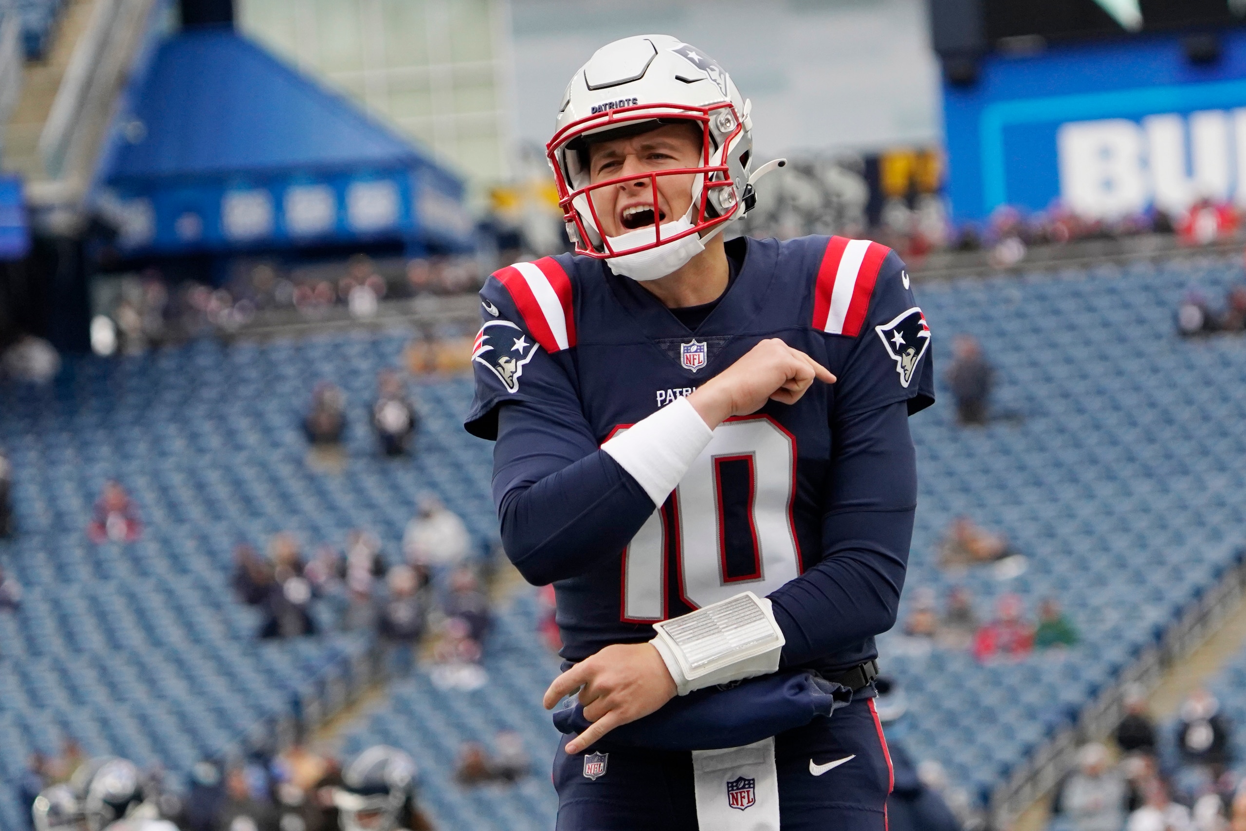 New England Patriots quarterback Mac Jones (10) prior to an NFL football game, Sunday, Nov. 28, 2021, in Foxborough, Mass. (AP Photo/Mary Schwalm)