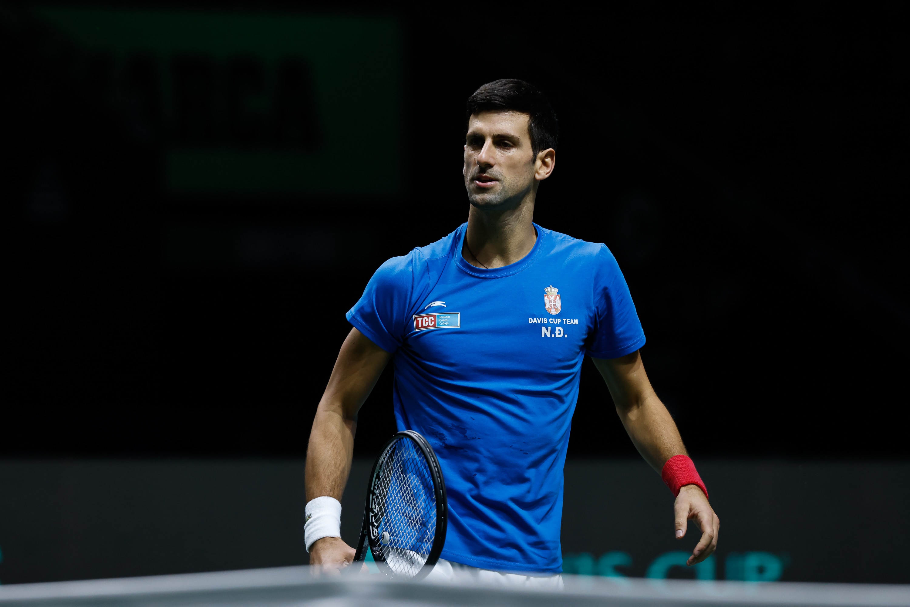 MADRID, SPAIN - DECEMBER 01: Novak Djokovic of Serbia practices during the Davis Cup Finals 2021, Quarter Final, tennis match played between Serbia and Kazakhstan at Madrid Arena pabilion on December 01, 2021, in Madrid, Spain. (Photo By Oscar J. Barroso/Europa Press via Getty Images)