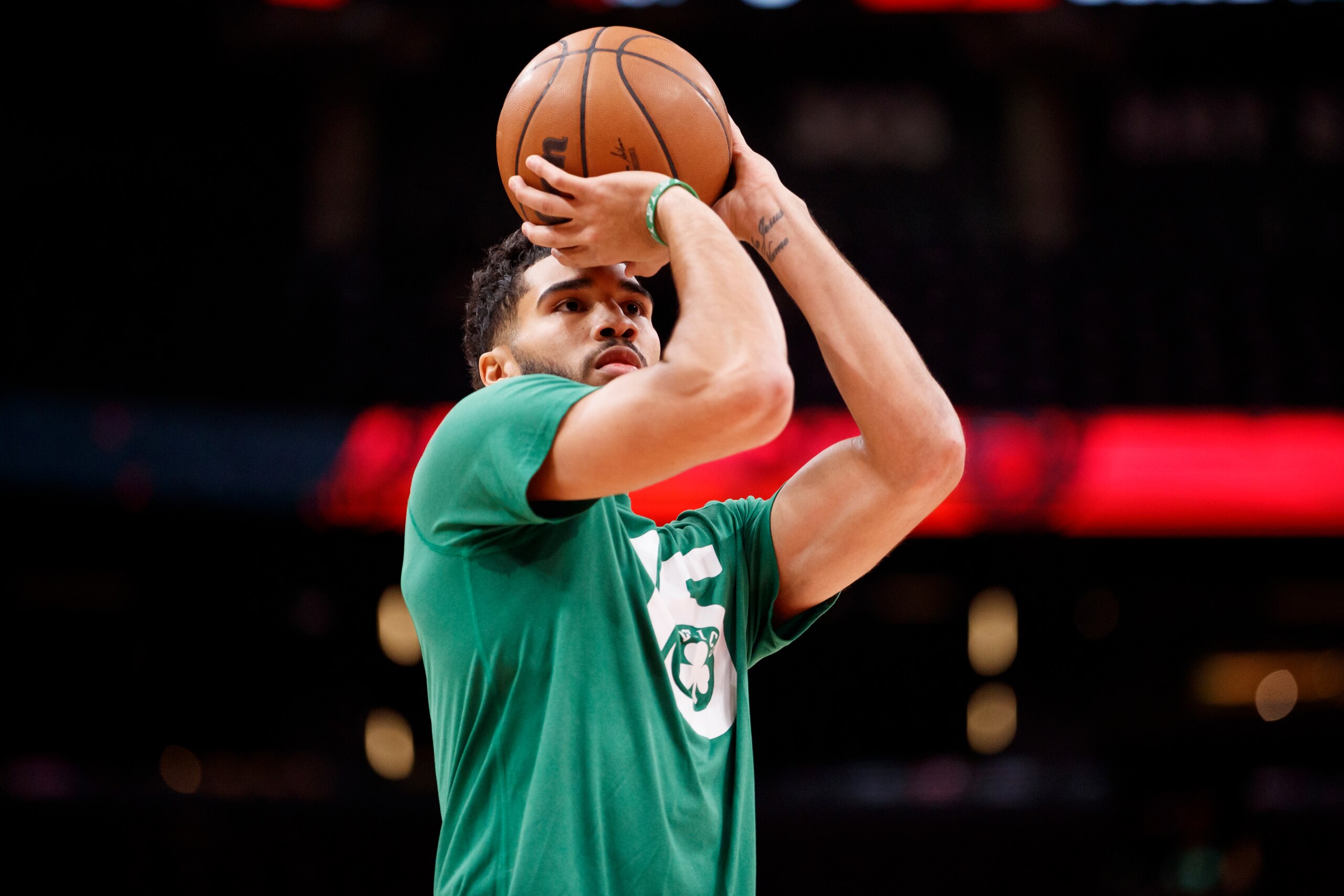 TORONTO, ON - NOVEMBER 28: Jayson Tatum #0 of the Boston Celtics warms up prior to their NBA game against the Toronto Raptors at Scotiabank Arena on November 28, 2021 in Toronto, Canada. NOTE TO USER: User expressly acknowledges and agrees that, by downloading and or using this Photograph, user is consenting to the terms and conditions of the Getty Images License Agreement. (Photo by Cole Burston/Getty Images)