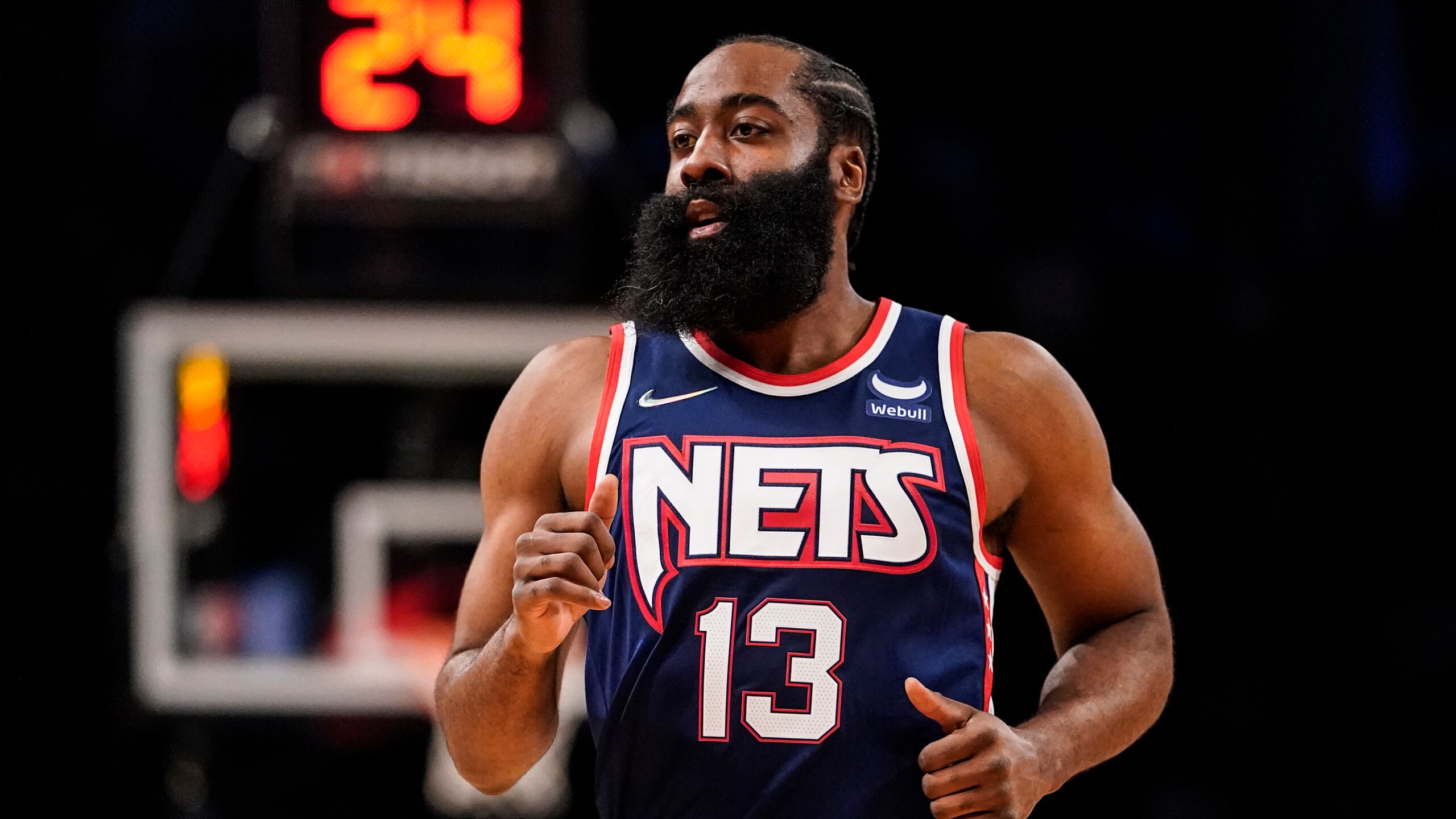 Brooklyn Nets guard James Harden (13) during first half NBA action against New York Knicks, Tuesday Nov. 30, 2021, in New York. (AP Photo/Mary Altaffer)