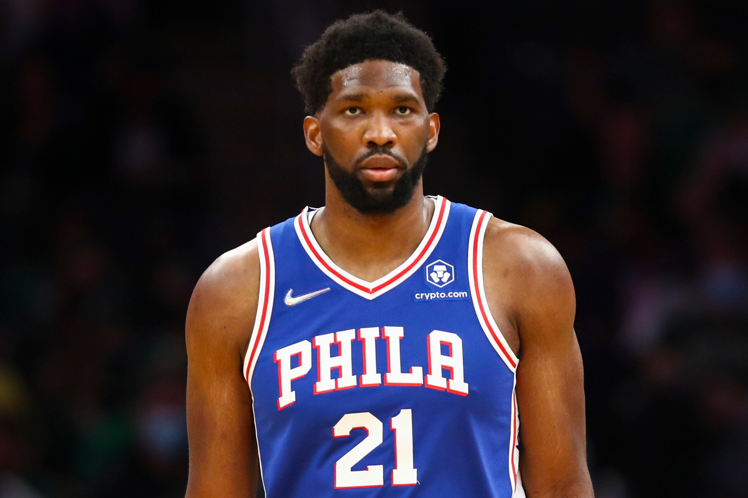 BOSTON, MA - DECEMBER 01:  Joel Embiid #21 of the Philadelphia 76ers looks on during a game against the Boston Celtics at TD Garden on December 1, 2021 in Boston, Massachusetts. NOTE TO USER: User expressly acknowledges and agrees that, by downloading and or using this photograph, User is consenting to the terms and conditions of the Getty Images License Agreement. (Photo by Adam Glanzman/Getty Images)