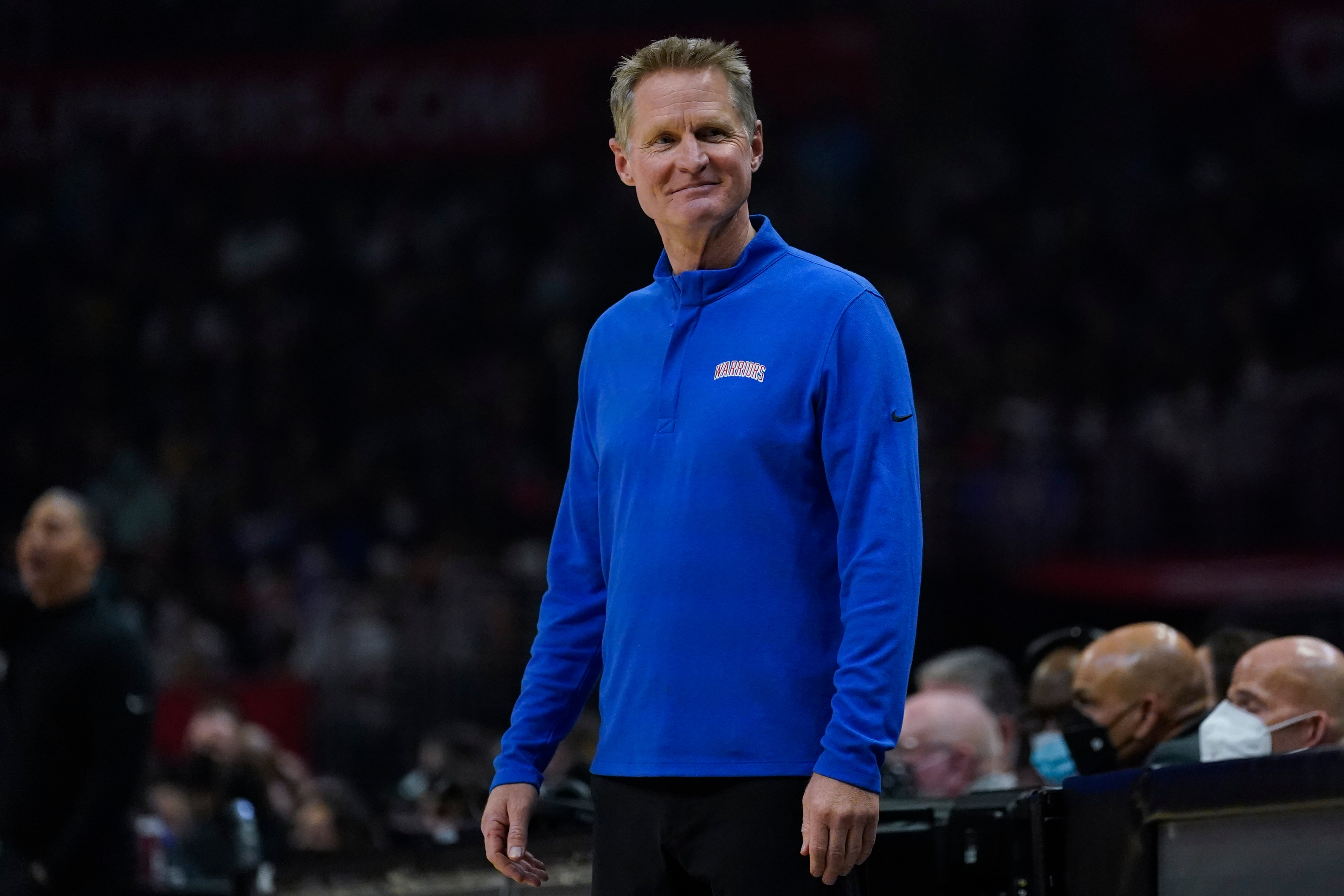 Golden State Warriors head coach Steve Kerr stands on the sidelines during an NBA basketball game against the Los Angeles Clippers in Los Angeles, Sunday, Nov. 28, 2021. (AP Photo/Ashley Landis)