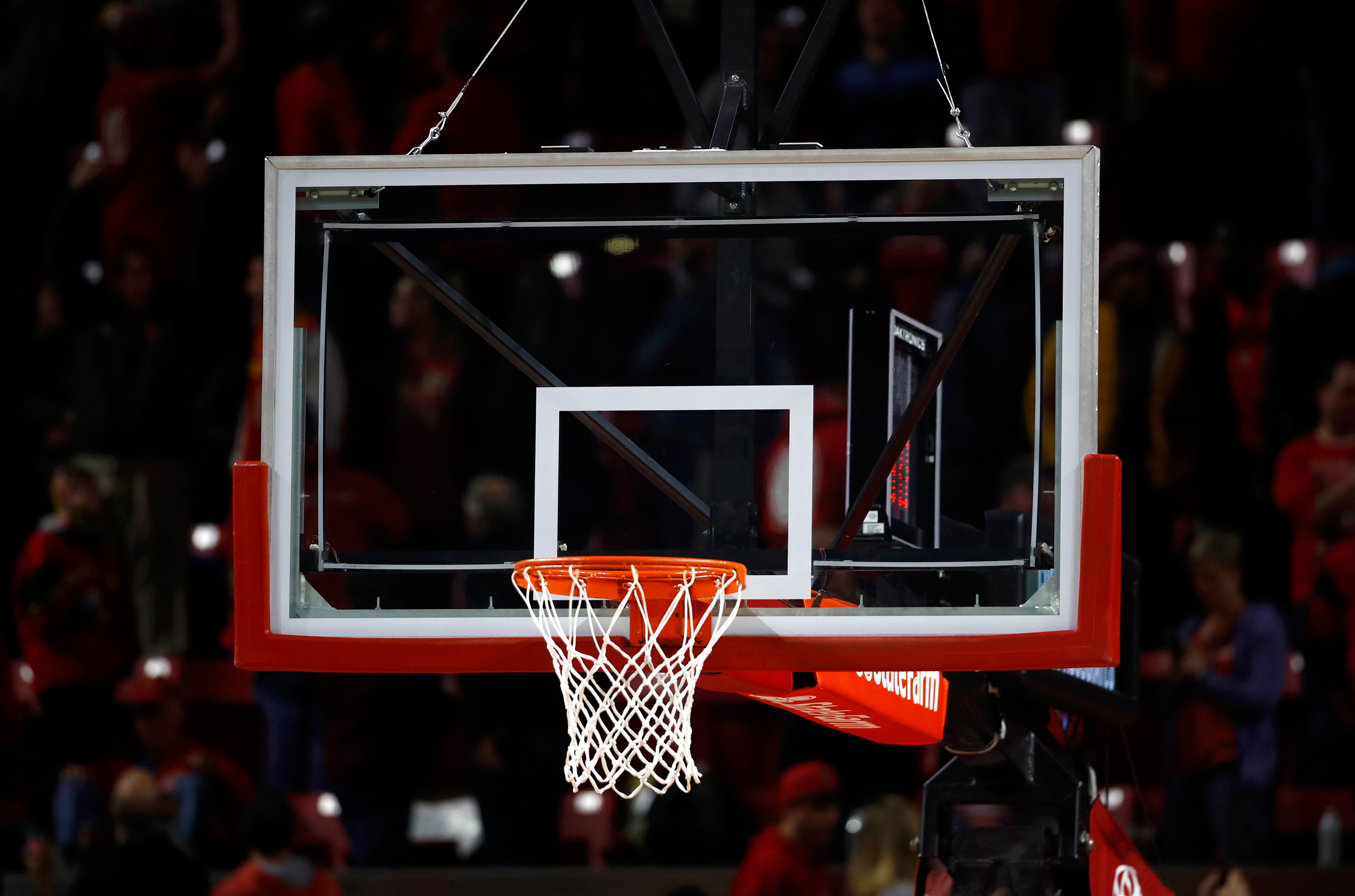 A basketball rim and backboard are seen in the second half of an NCAA college basketball game between Maryland and Iowa in College Park, Md., Sunday, Jan. 7, 2018. (AP Photo/Patrick Semansky)