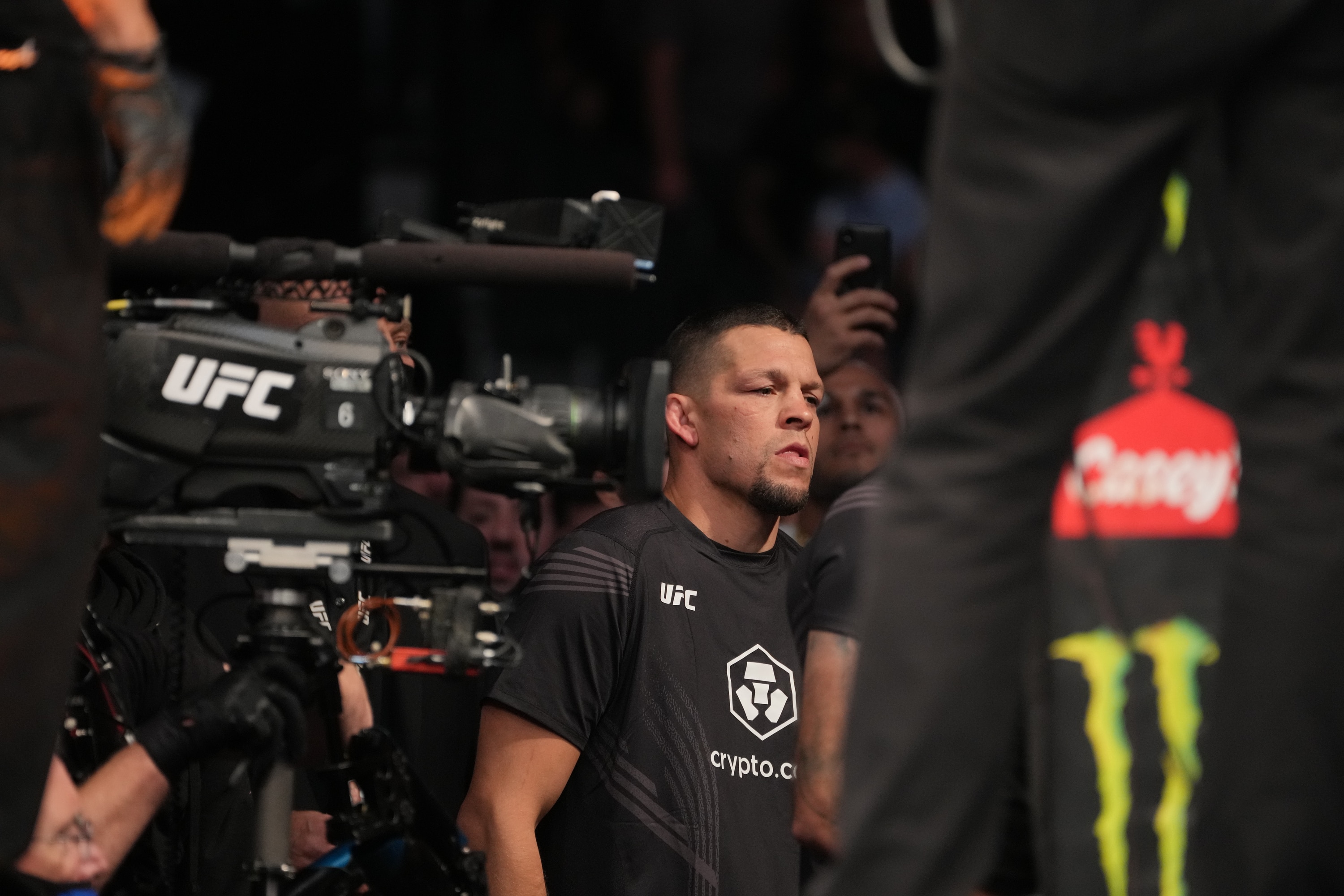 LAS VEGAS, NV - SEPTEMBER 25: Nate Diaz walks to the octagon with his brother Nick Diaz during UFC 266 on September 25, 2021, at T-Mobile Arena in Las Vegas, NV. (Photo by Louis Grasse/PxImages/Icon Sportswire via Getty Images)