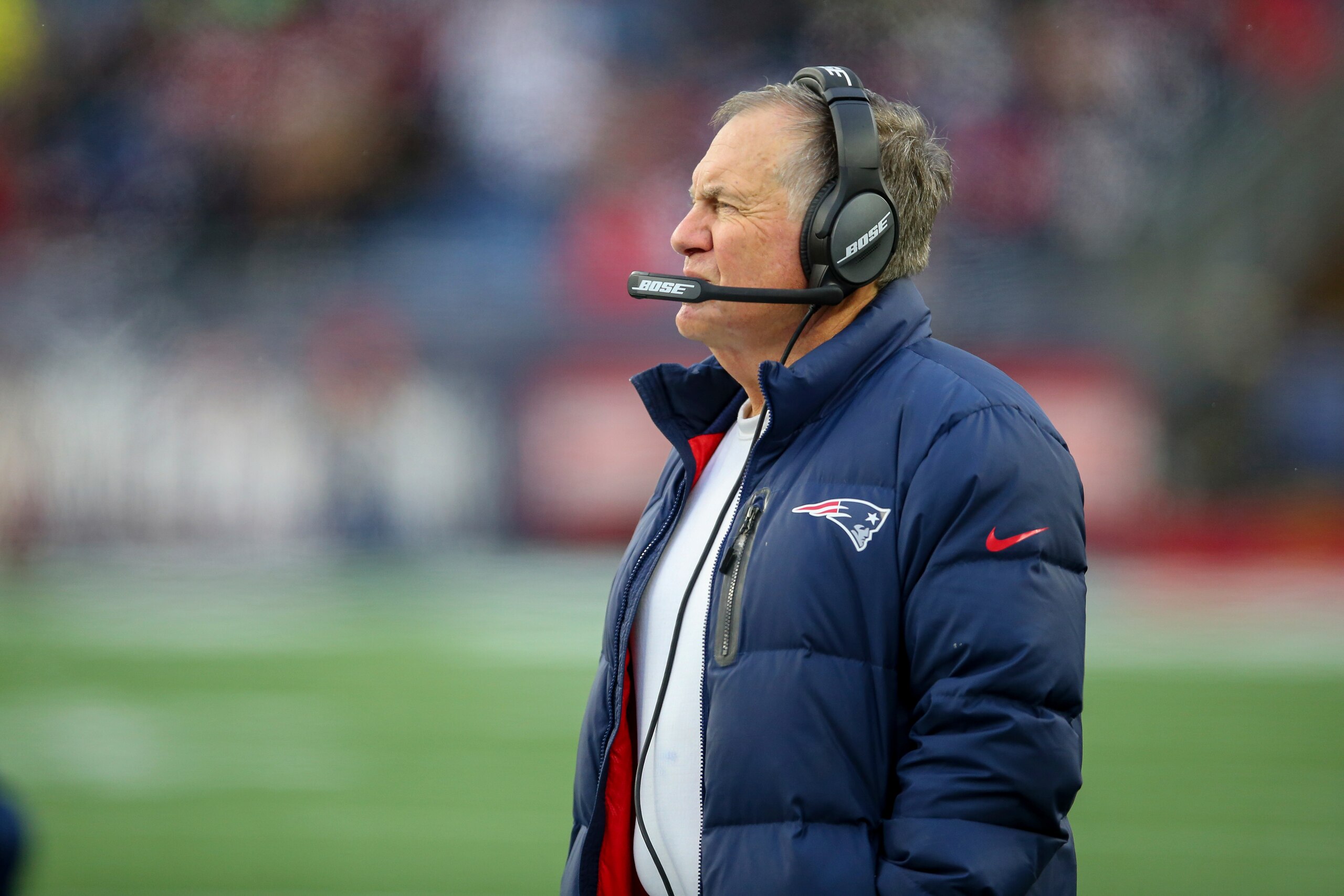 New England Patriots head coach Bill Belichick on the sideline during the second half of an NFL football game against the Tennessee Titans, Sunday, Nov. 28, 2021, in Foxborough, Mass. (AP Photo/Stew Milne) New England Patriots head coach Bill Belichick on the sideline during the second half of an NFL football game against the Tennessee Titans, Sunday, Nov. 28, 2021, in Foxborough, Mass. (AP Photo/Stew Milne)