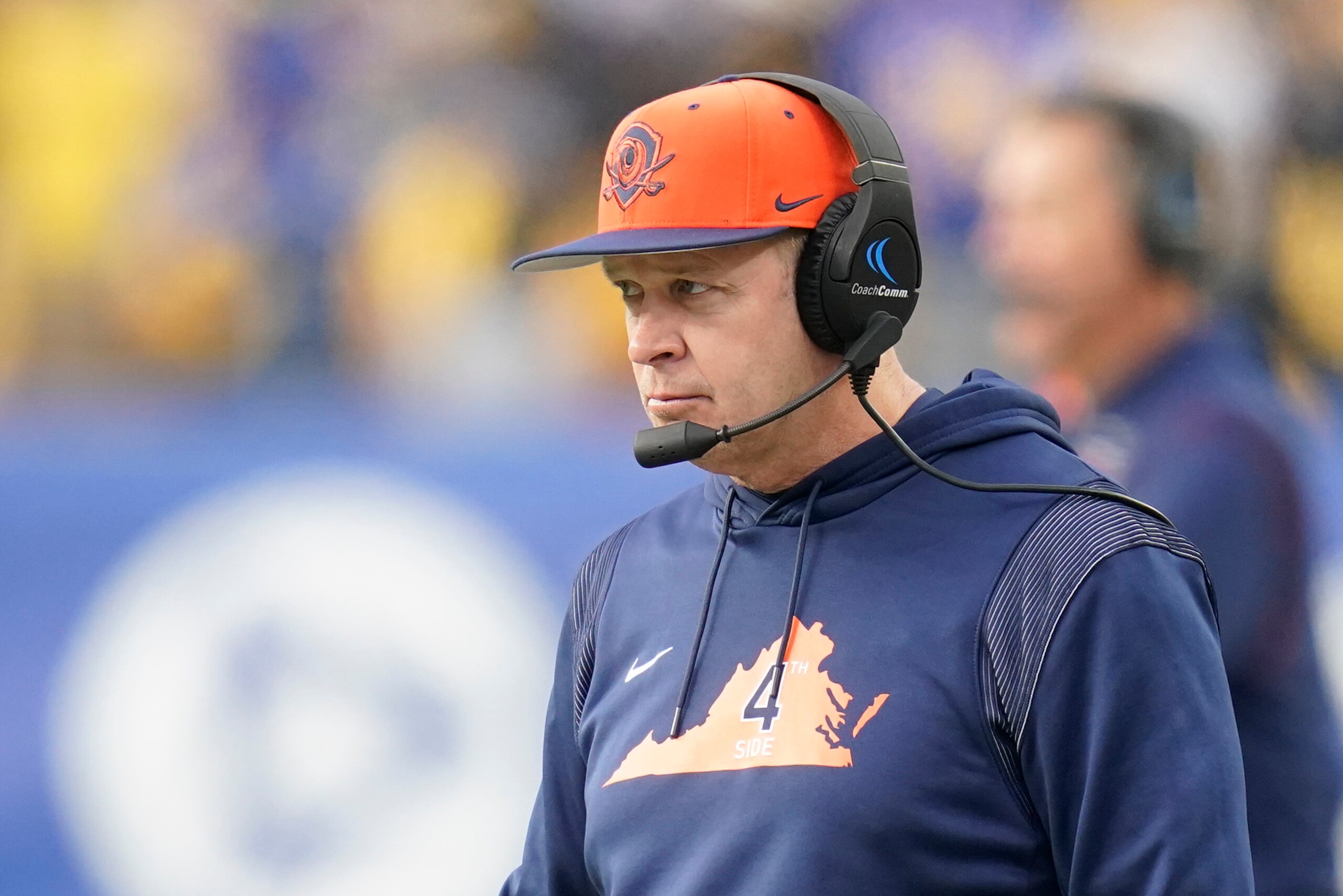 Virginia head coach Bronco Mendenhall on the sideline during an NCAA college football game against Pittsburgh, Saturday, Nov. 20, 2021, in Pittsburgh. (AP Photo/Keith Srakocic)