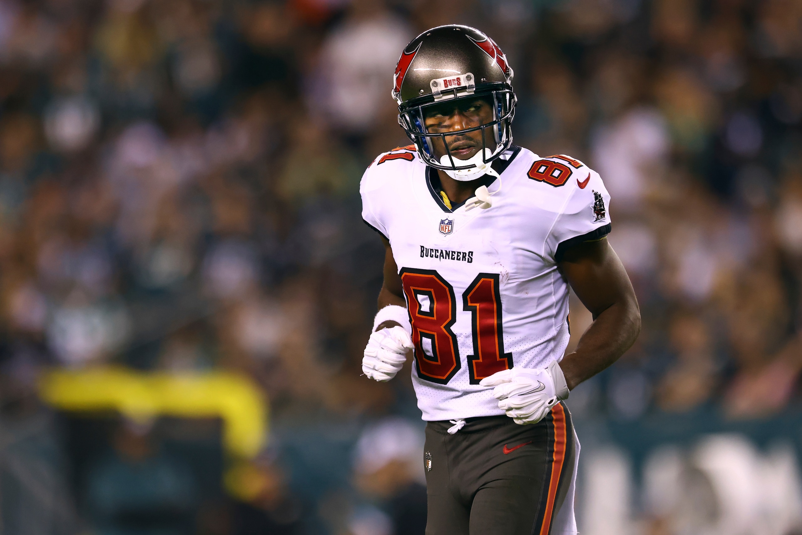 Tampa Bay Buccaneers wide receiver Antonio Brown (81) in action during an NFL football game against the Philadelphia Eagles, Thursday, Oct. 14, 2021, in Philadelphia. (AP Photo/Rich Schultz) Tampa Bay Buccaneers wide receiver Antonio Brown (81) in action during an NFL football game against the Philadelphia Eagles, Thursday, Oct. 14, 2021, in Philadelphia. (AP Photo/Rich Schultz)
