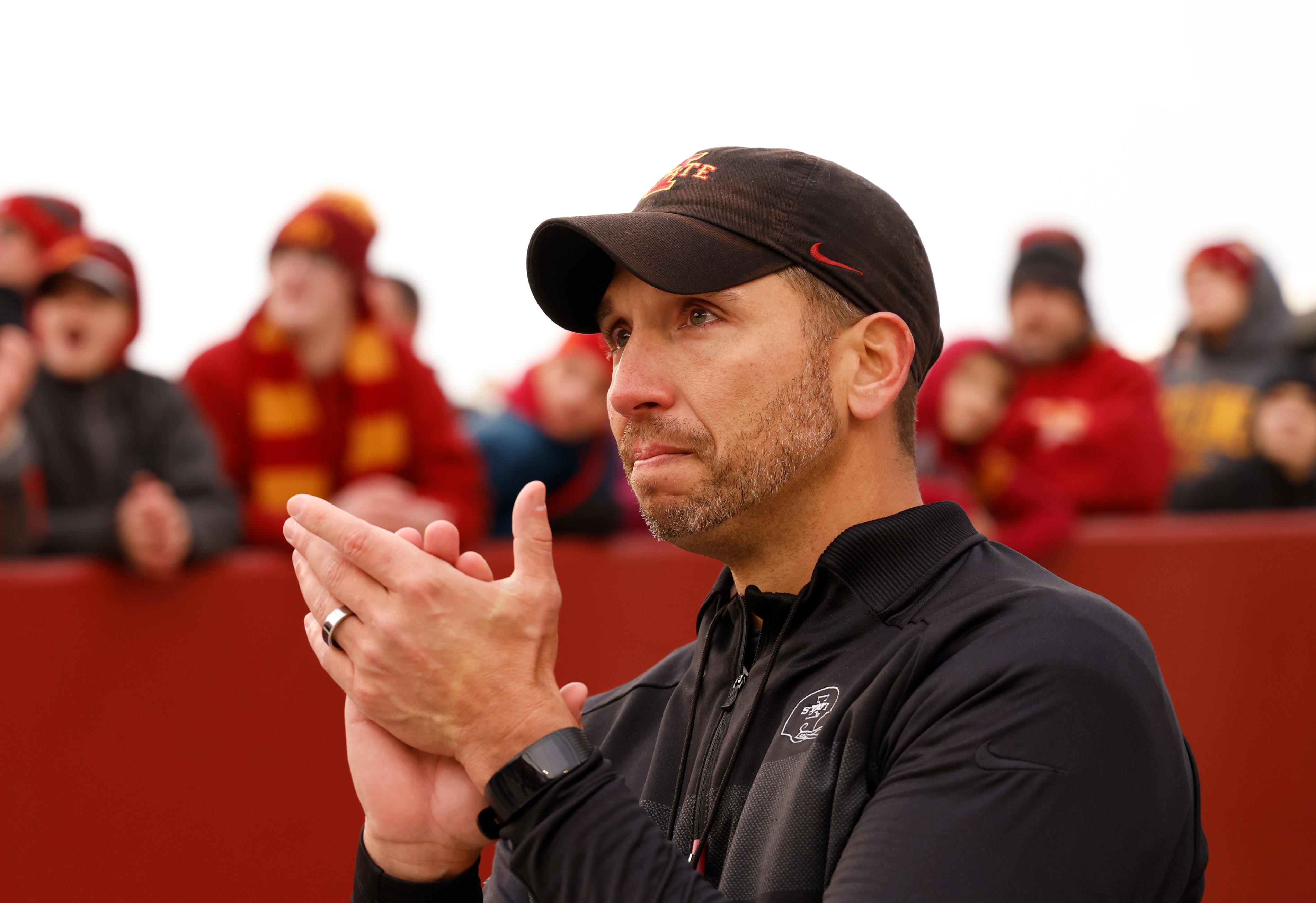 AMES, IA - NOVEMBER 26: Head coach Matt Campbell of the Iowa State Cyclones reacts to seniors taking the field during a pregame ceremony at Jack Trice Stadium on November 26, 2021 in Ames, Iowa. The Iowa State Cyclones won 48-14 over the TCU Horned Frogs. (Photo by David K Purdy/Getty Images)