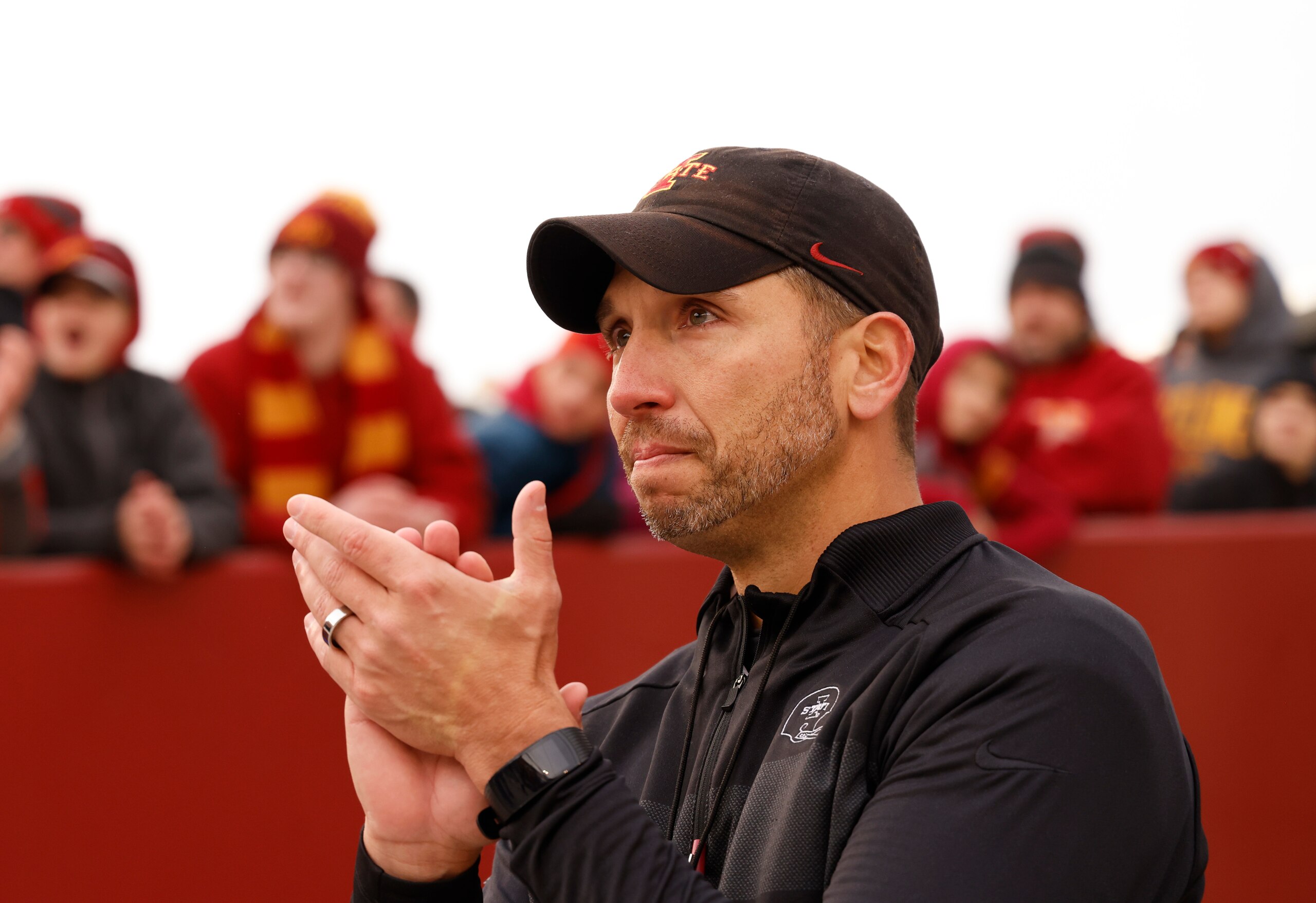AMES, IA - NOVEMBER 26: Head coach Matt Campbell of the Iowa State Cyclones reacts to seniors taking the field during a pregame ceremony at Jack Trice Stadium on November 26, 2021 in Ames, Iowa. The Iowa State Cyclones won 48-14 over the TCU Horned Frogs. (Photo by David K Purdy/Getty Images)
