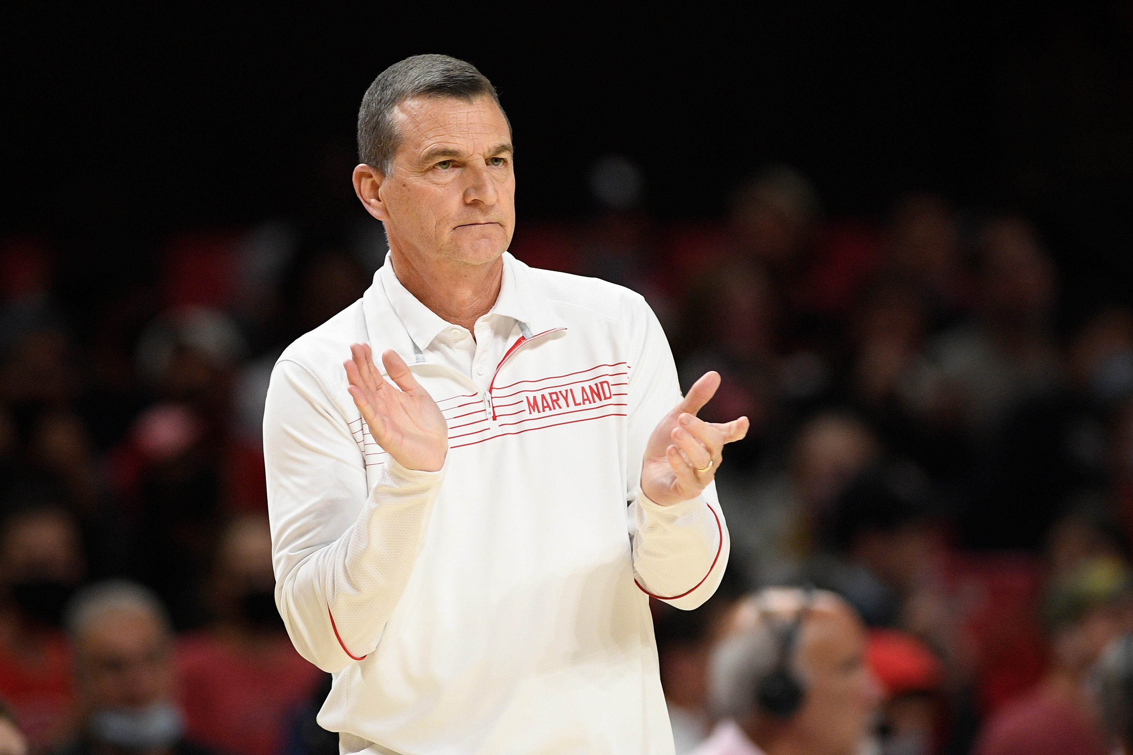 Maryland head coach Mark Turgeon gestures during the second half of an NCAA college basketball game against George Washington, Thursday, Nov. 11, 2021, in College Park, Md. Maryland won 71-64. (AP Photo/Nick Wass)