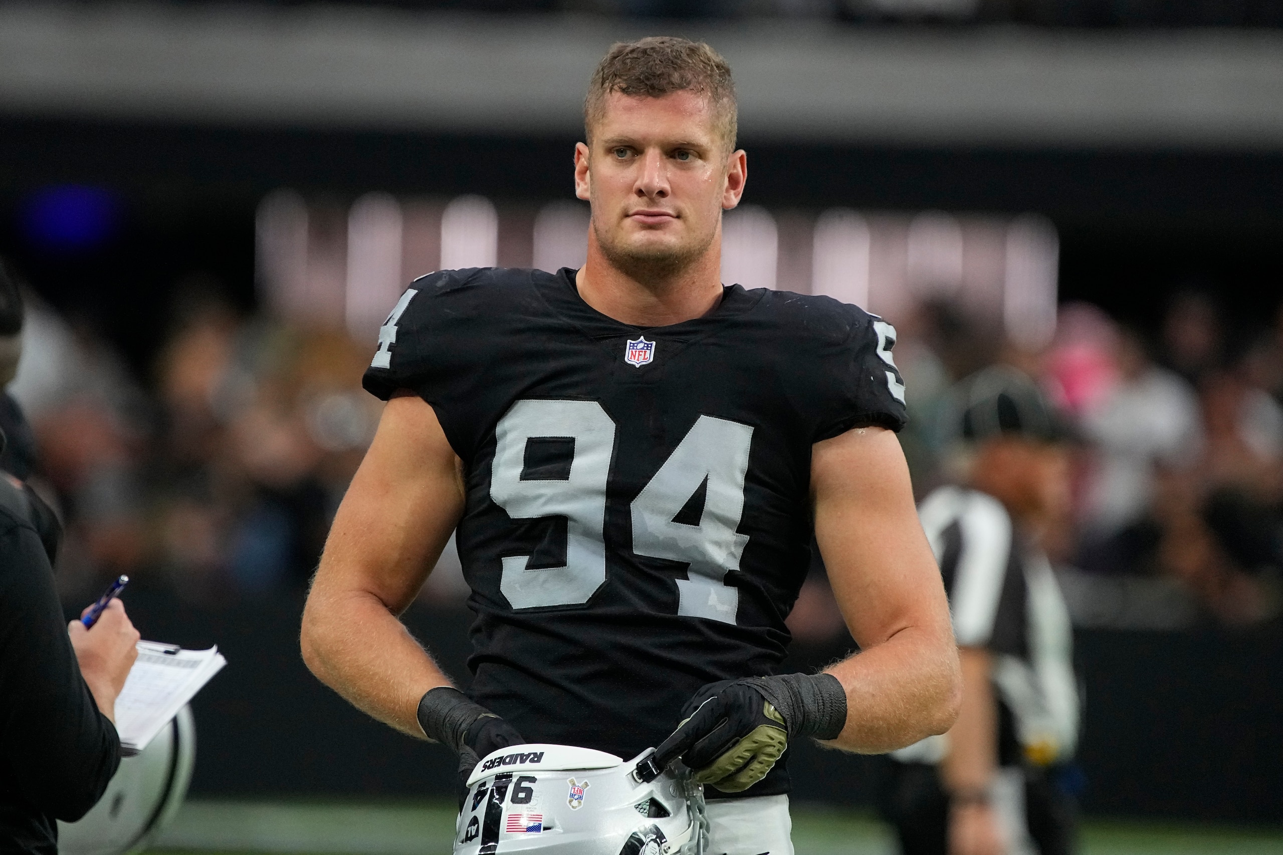 Las Vegas Raiders defensive end Carl Nassib (94) during an NFL football game against the Cincinnati Bengals, Sunday, Nov. 21, 2021, in Las Vegas. (AP Photo/Rick Scuteri)