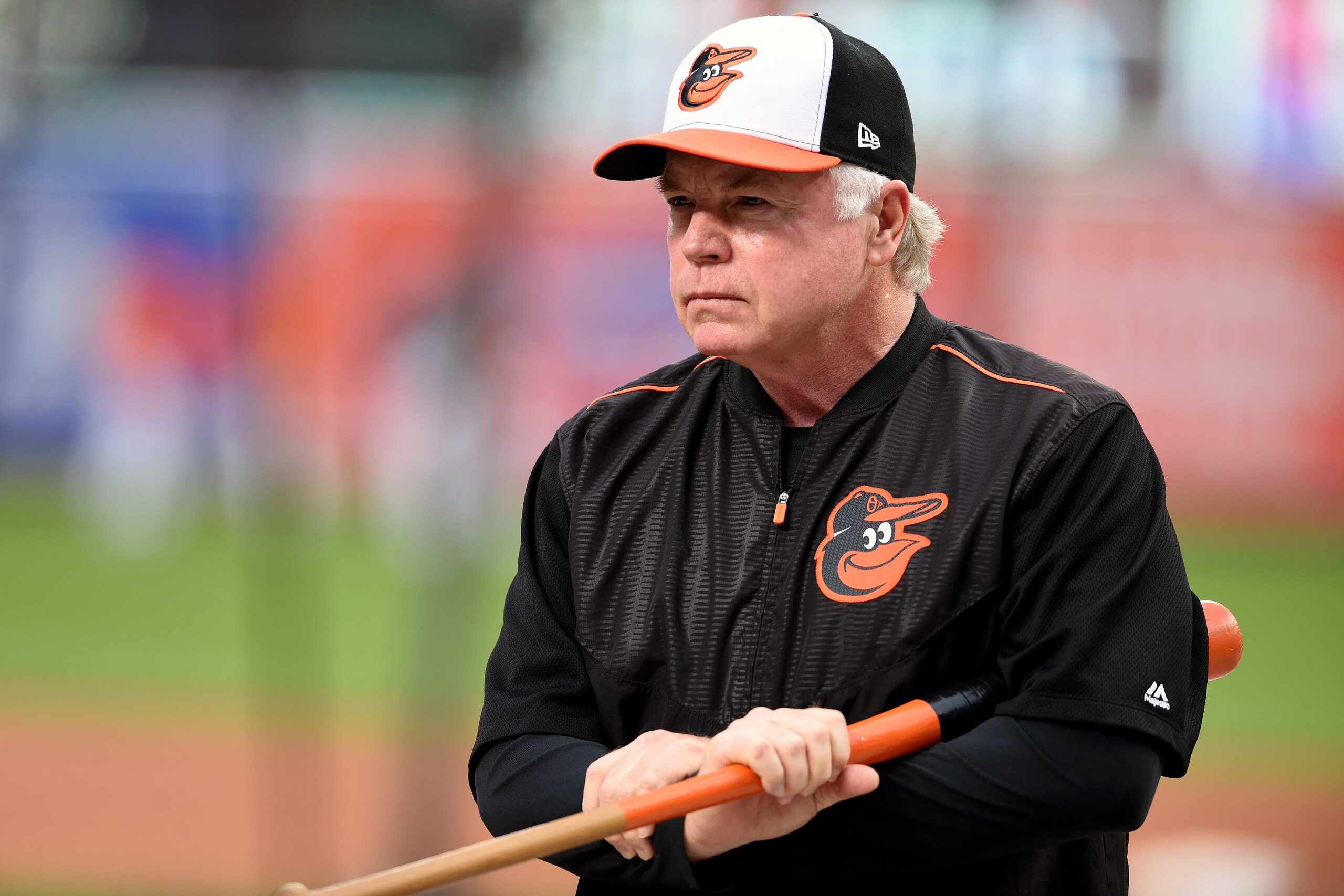 BALTIMORE, MD - SEPTEMBER 11:  Manager Buck Showalter #26 of the Baltimore Orioles looks on during batting practice of a baseball game against the Oakland Athletics at Oriole Park at Camden Yards on September 11, 2018 in Baltimore, Maryland.  (Photo by Mitchell Layton/Getty Images)