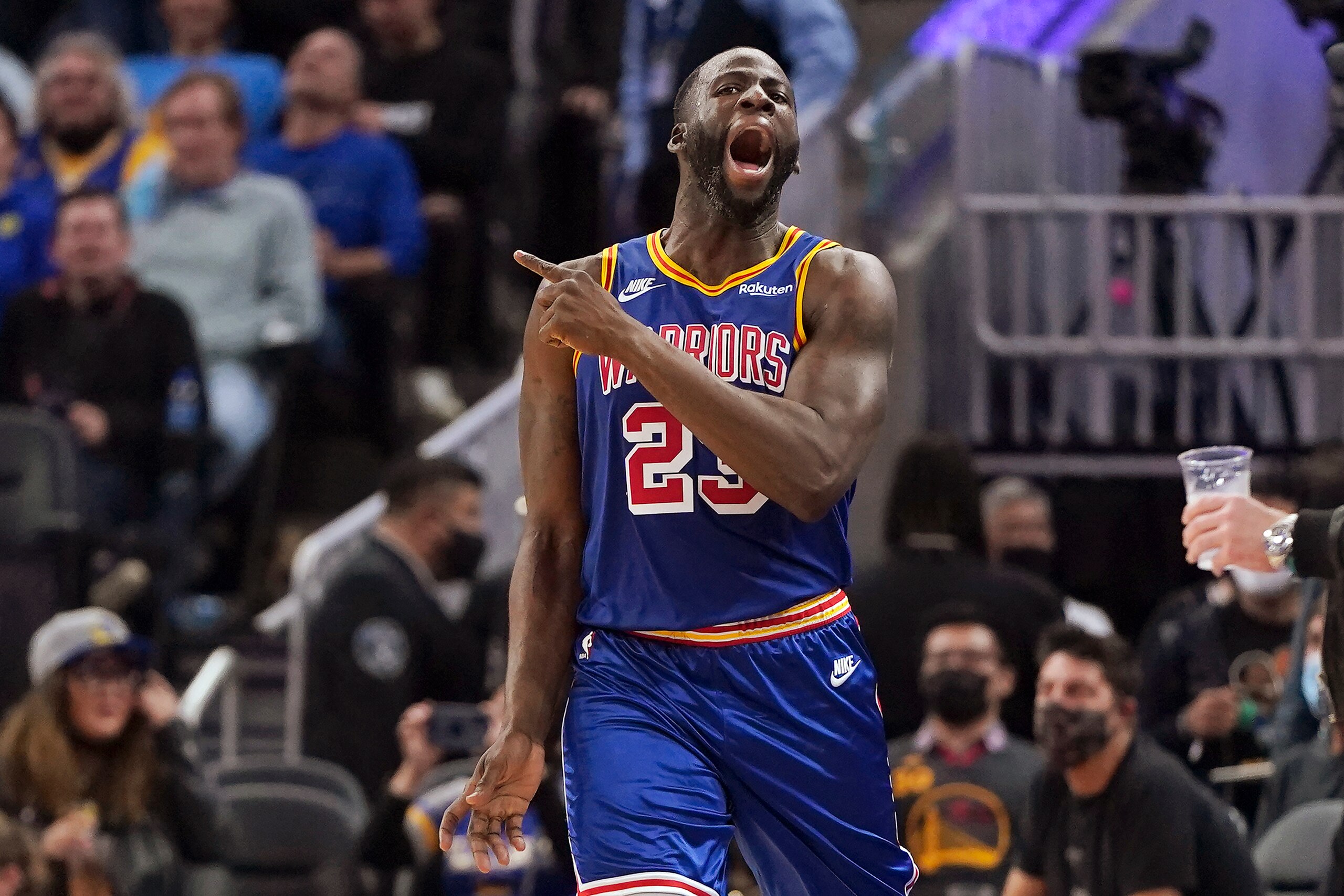 Golden State Warriors forward Draymond Green (23) reacts after being called for a foul during the second half of the team's NBA basketball game against the Phoenix Suns in San Francisco, Friday, Dec. 3, 2021. (AP Photo/Jeff Chiu) Golden State Warriors forward Draymond Green (23) reacts after being called for a foul during the second half of the team's NBA basketball game against the Phoenix Suns in San Francisco, Friday, Dec. 3, 2021. (AP Photo/Jeff Chiu)
