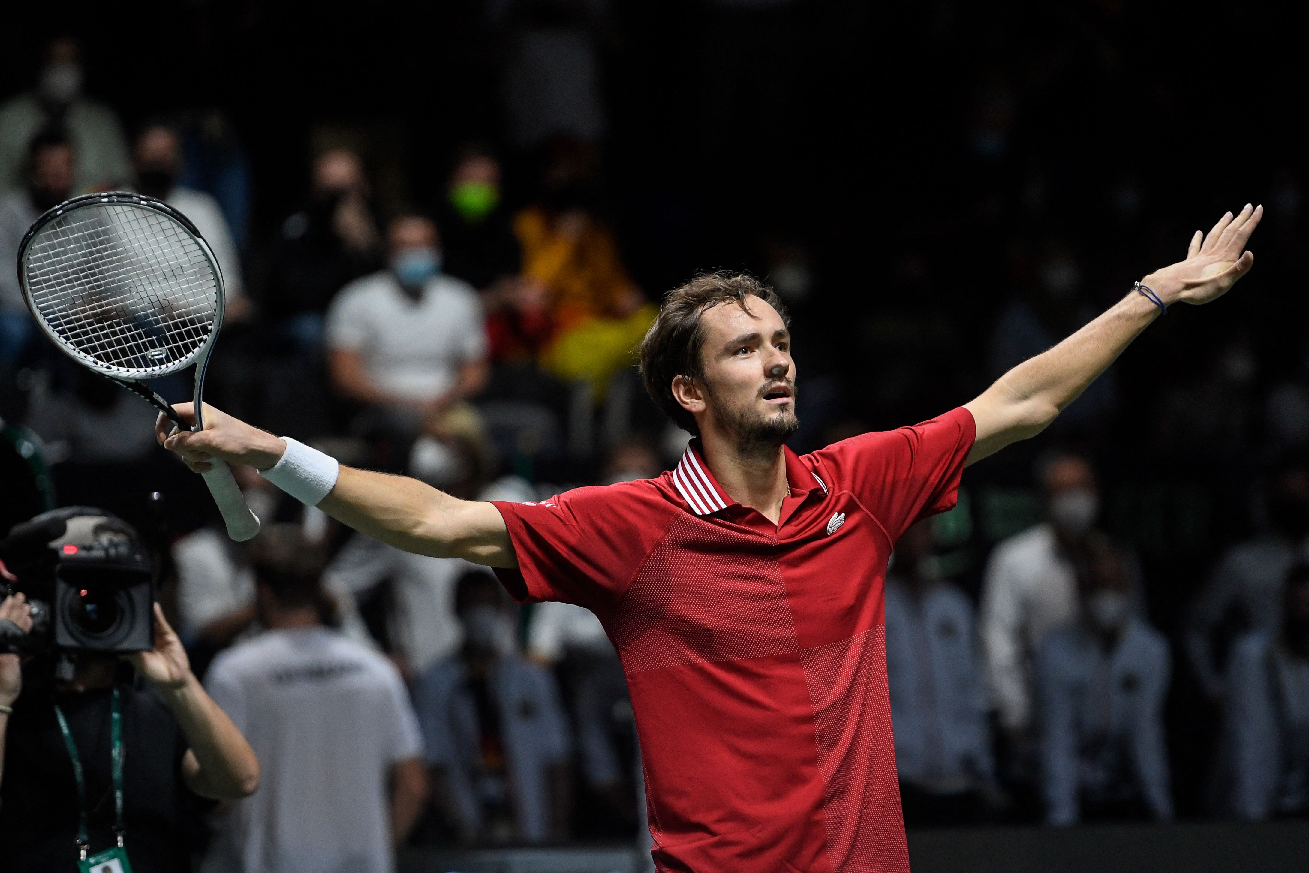 Russia's Daniil Medvedev celebrates at the end of the men's singles semi-final tennis match between Russia and Germany of the Davis Cup tennis tournament at the Madrid arena in Madrid on December 4, 2021. (Photo by PIERRE-PHILIPPE MARCOU / AFP) (Photo by PIERRE-PHILIPPE MARCOU/AFP via Getty Images)