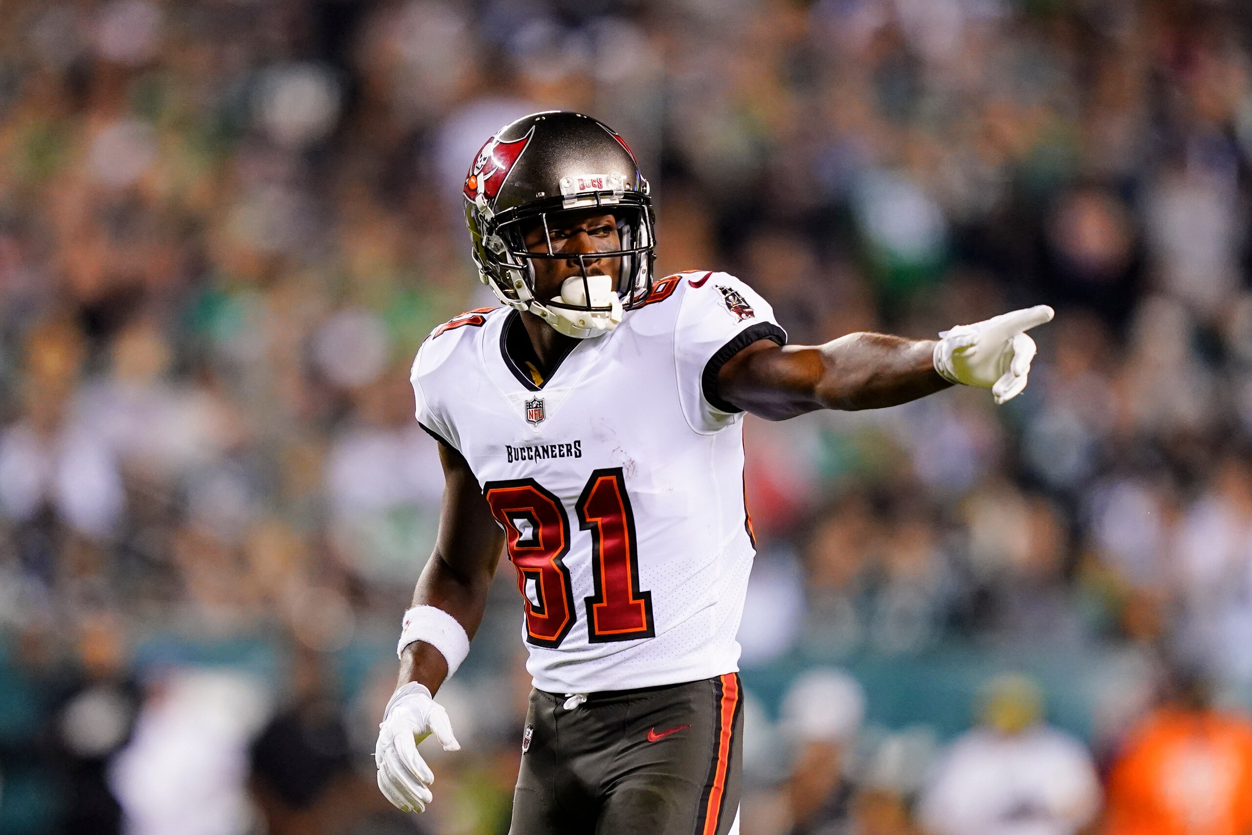 Tampa Bay Buccaneers wide receiver Antonio Brown in action during an NFL football game against the Philadelphia Eagles on Thursday, Oct. 14, 2021, in Philadelphia. (AP Photo/Matt Rourke)