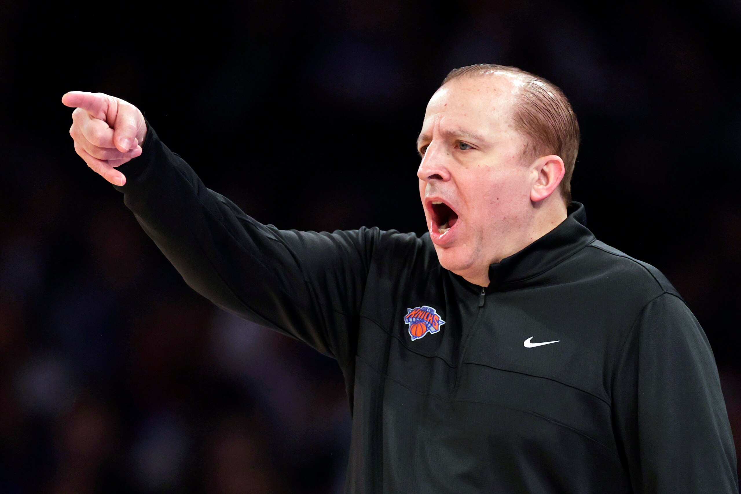 New York Knicks head coach Tom Thibodeau directs his team against the Denver Nuggets during the second half of an NBA basketball game Saturday, Dec. 4, 2021, in New York. Denver won 113-99. (AP Photo/Adam Hunger) New York Knicks head coach Tom Thibodeau directs his team against the Denver Nuggets during the second half of an NBA basketball game Saturday, Dec. 4, 2021, in New York. Denver won 113-99. (AP Photo/Adam Hunger)