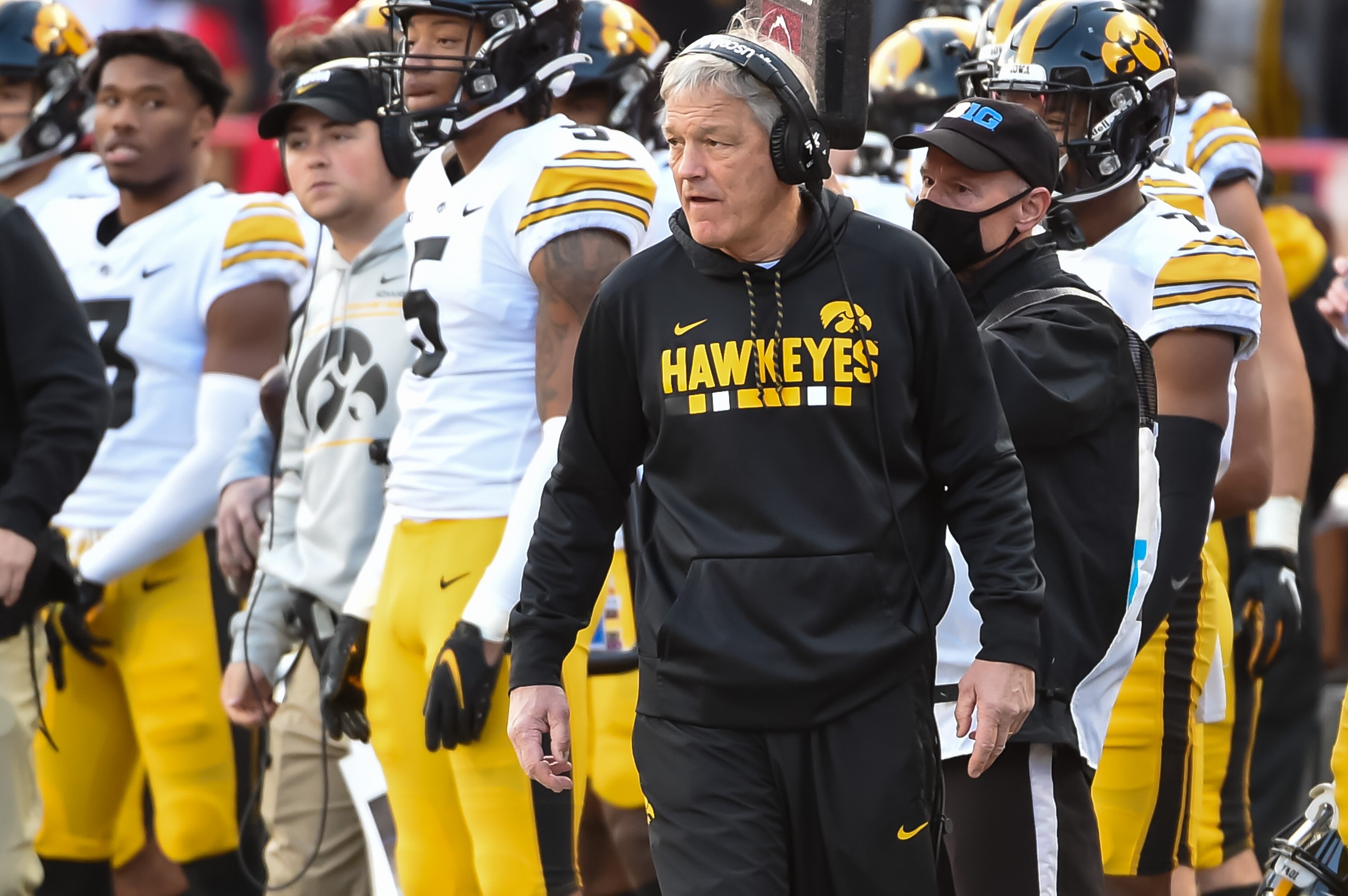 LINCOLN, NE - NOVEMBER 26: Head coach Kirk Ferentz of the Iowa Hawkeyes watches action against the Nebraska Cornhuskers in the second half at Memorial Stadium on November 26, 2021 in Lincoln, Nebraska. (Photo by Steven Branscombe/Getty Images)