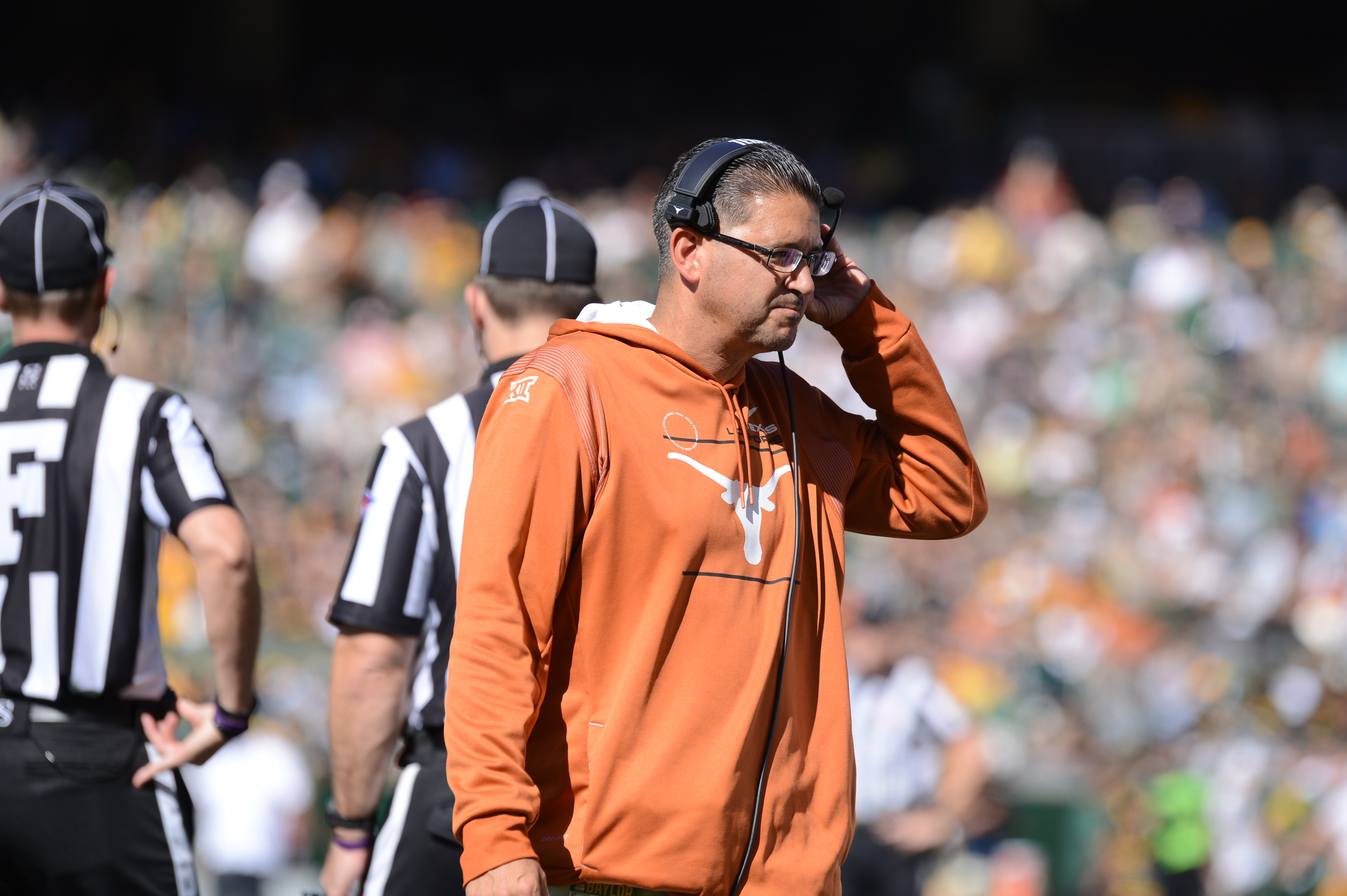 WACO, TX - OCTOBER 30: Texas Longhorns assistant coach Jeff Banks watches action during game between the Texas Longhorns and the Baylor Bears on October 30, 2021 at McLane Stadium in Waco, TX. (Photo by John Rivera/Icon Sportswire via Getty Images)