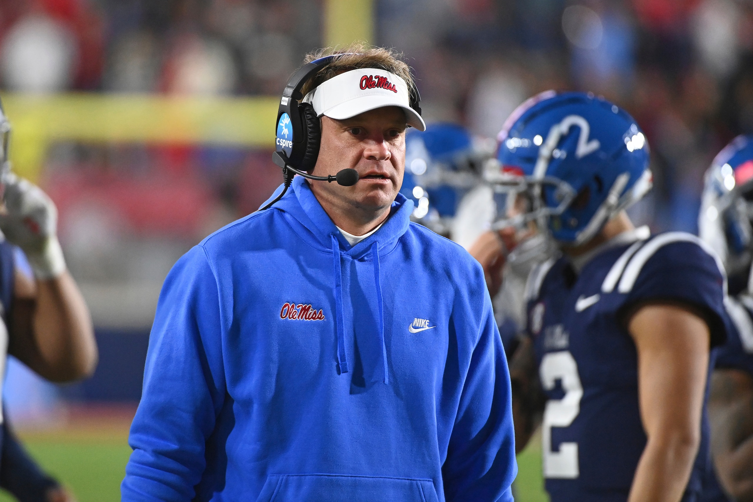 Mississippi head coach Lane Kiffin walks along the sidelines during a timeout in the second half of an NCAA college football game against Vanderbilt in Oxford, Miss., Saturday, Nov. 20, 2021. Mississippi won 31-17. (AP Photo/Thomas Graning)