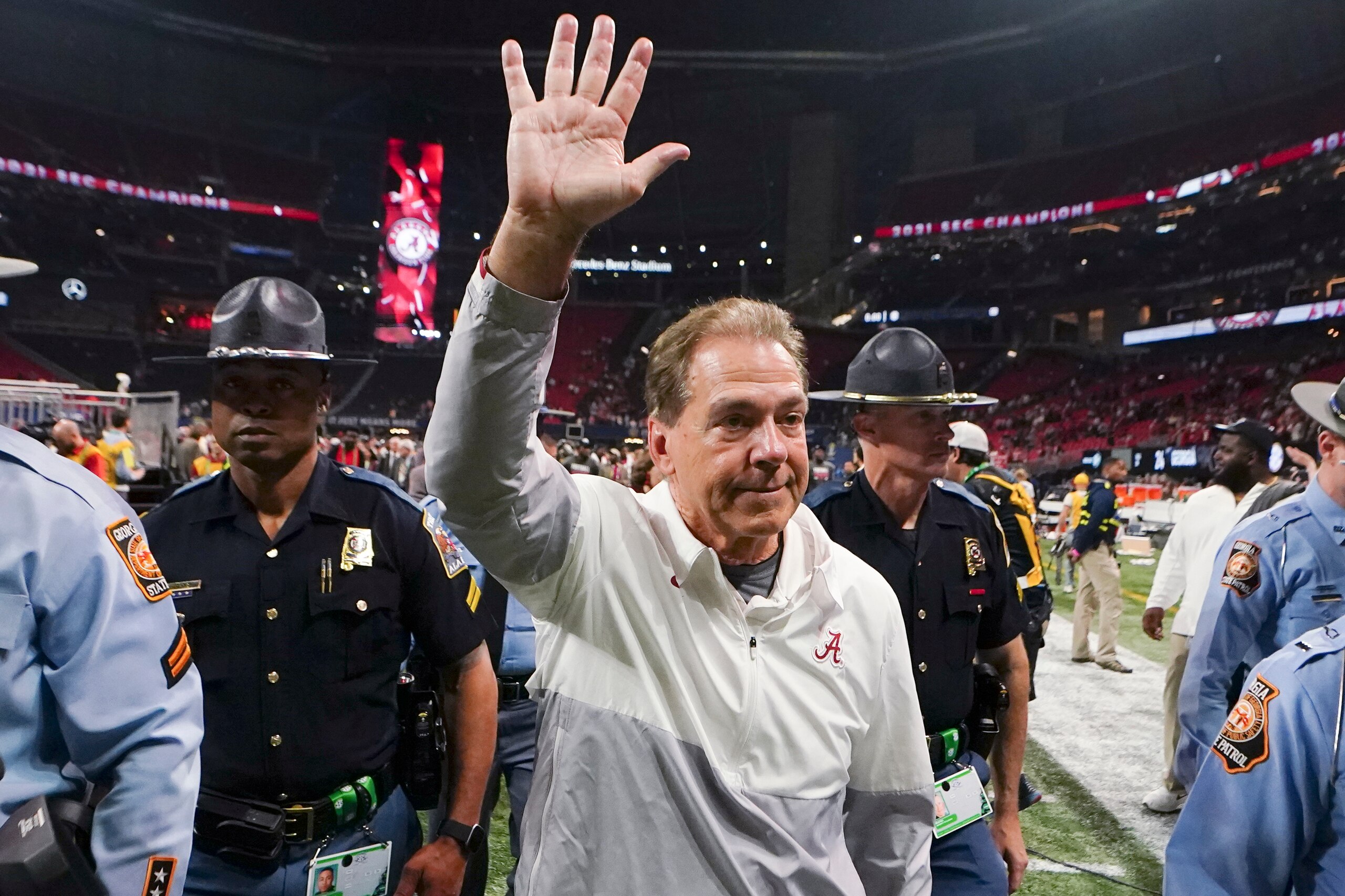 Alabama head coach Nick Saban leaves the field after the Southeastern Conference championship NCAA college football game between Georgia and Alabama, Saturday, Dec. 4, 2021, in Atlanta. Alabama won 41-24. (AP Photo/John Bazemore)