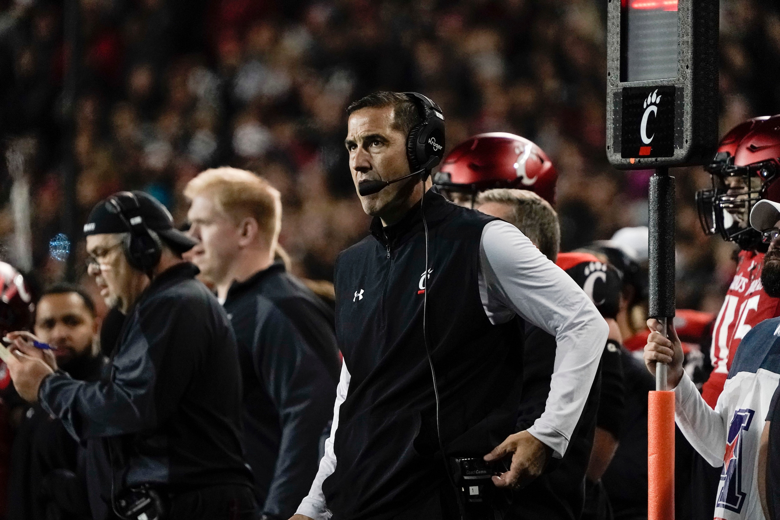 Cincinnati head coach Luke Fickell stands on the sidelines during the second half of the American Athletic Conference championship NCAA college football against Houstongame Saturday, Dec. 4, 2021, in Cincinnati. (AP Photo/Jeff Dean)