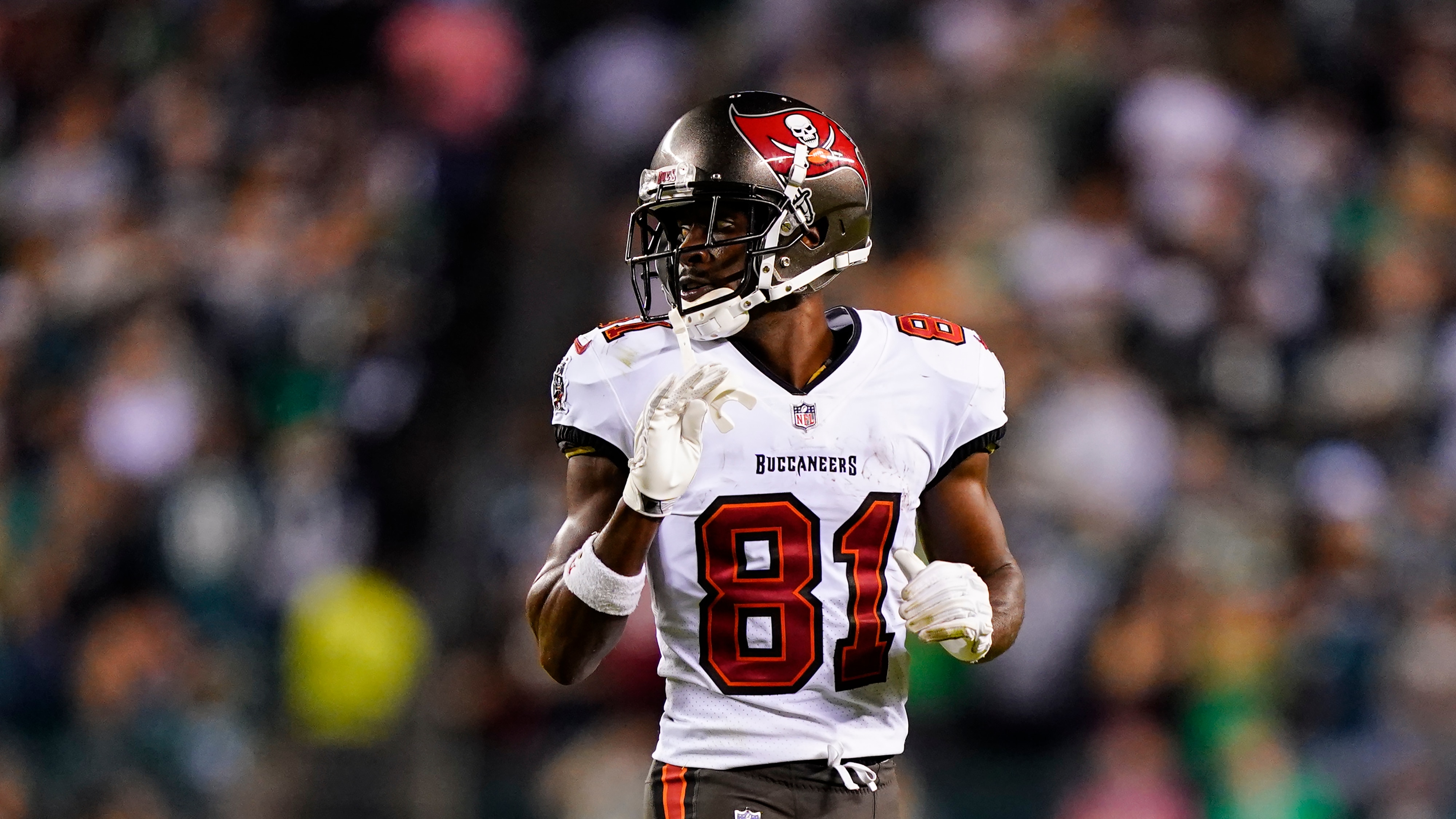 Tampa Bay Buccaneers wide receiver Antonio Brown in action during an NFL football game against the Philadelphia Eagles on Thursday, Oct. 14, 2021, in Philadelphia. (AP Photo/Matt Rourke)