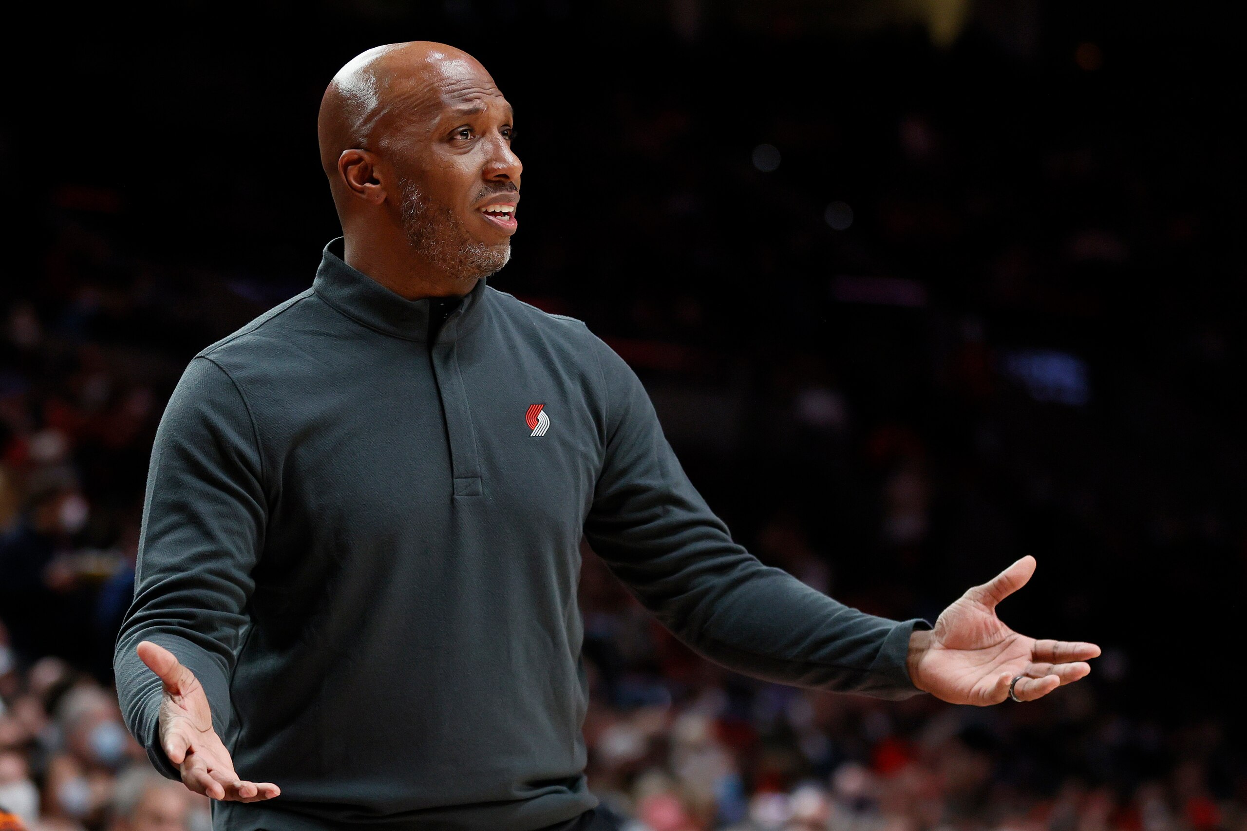 PORTLAND, OREGON - NOVEMBER 30: Head coach Chauncey Billups of the Portland Trail Blazers reacts during the third quarter against the Detroit Pistons at Moda Center on November 30, 2021 in Portland, Oregon. NOTE TO USER: User expressly acknowledges and agrees that, by downloading and or using this photograph, User is consenting to the terms and conditions of the Getty Images License Agreement. (Photo by Steph Chambers/Getty Images)