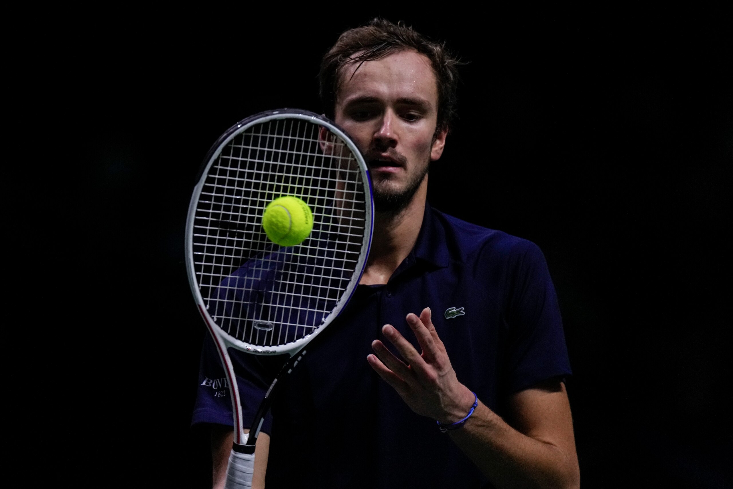 Russian Tennis Federation's Daniil Medvedev competes against Croatia's Marin Cilic during their Davis Cup tennis finals at Madrid Arena in Madrid, Spain, Sunday, Dec. 5, 2021. (AP Photo/Manu Fernandez)