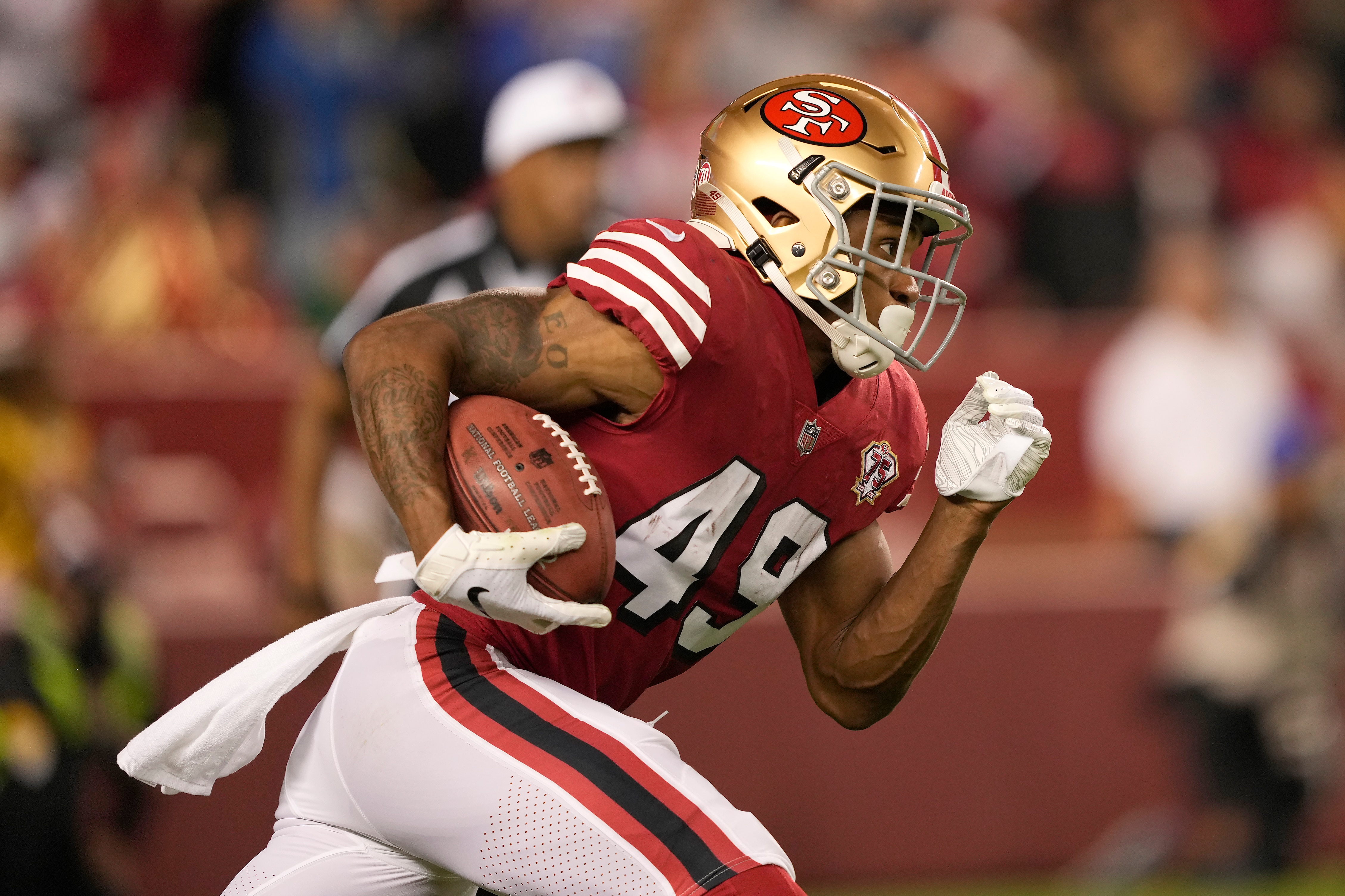 San Francisco 49ers' Trenton Cannon against the Los Angeles Rams during an NFL football game in Santa Clara, Calif., Monday, Nov. 15, 2021. (AP Photo/Tony Avelar)