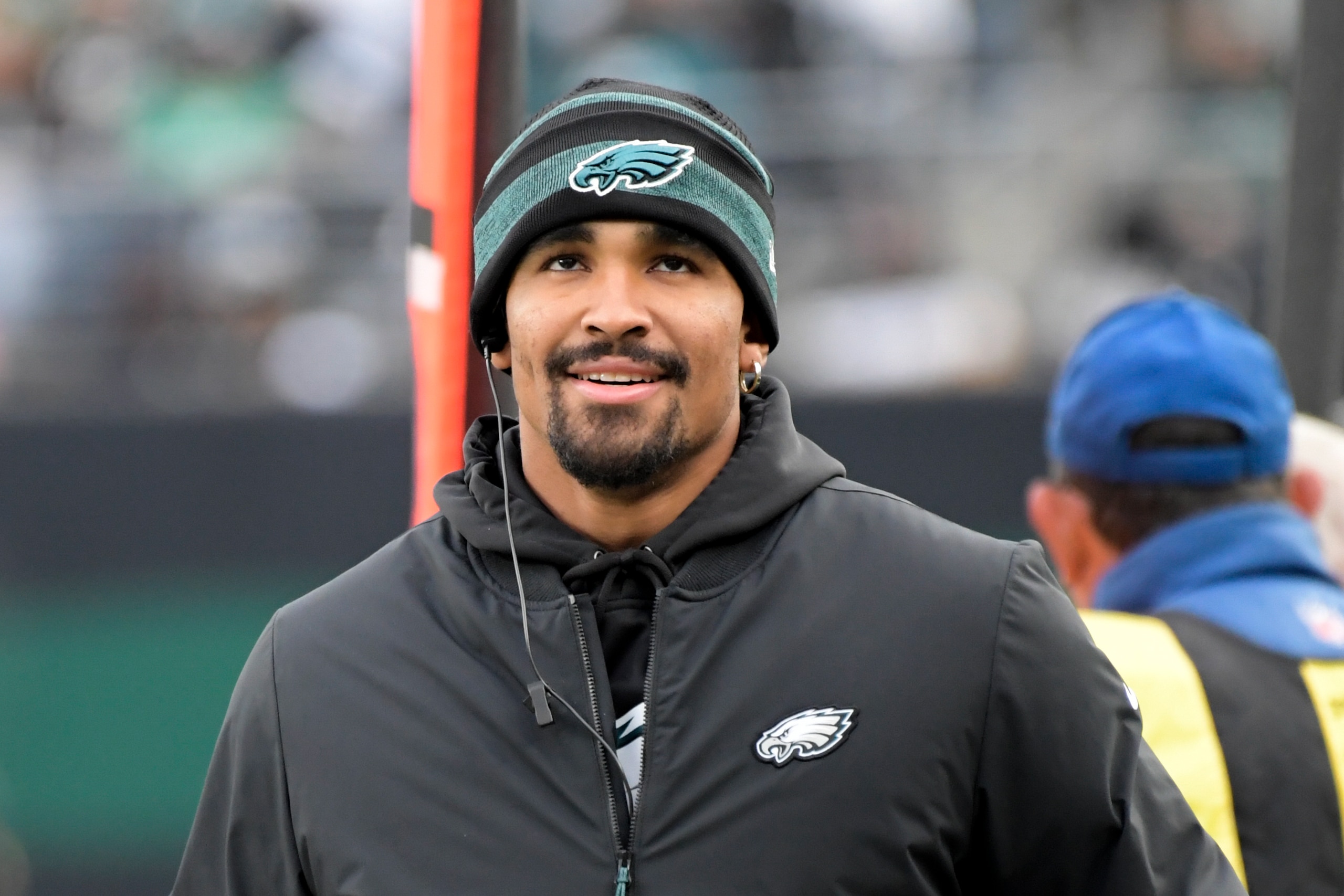 Philadelphia Eagles quarterback Jalen Hurts walks the sidelines during the second half of an NFL football game against the New York Jets, Sunday, Dec. 5, 2021, in East Rutherford, N.J. (AP Photo/Bill Kostroun)