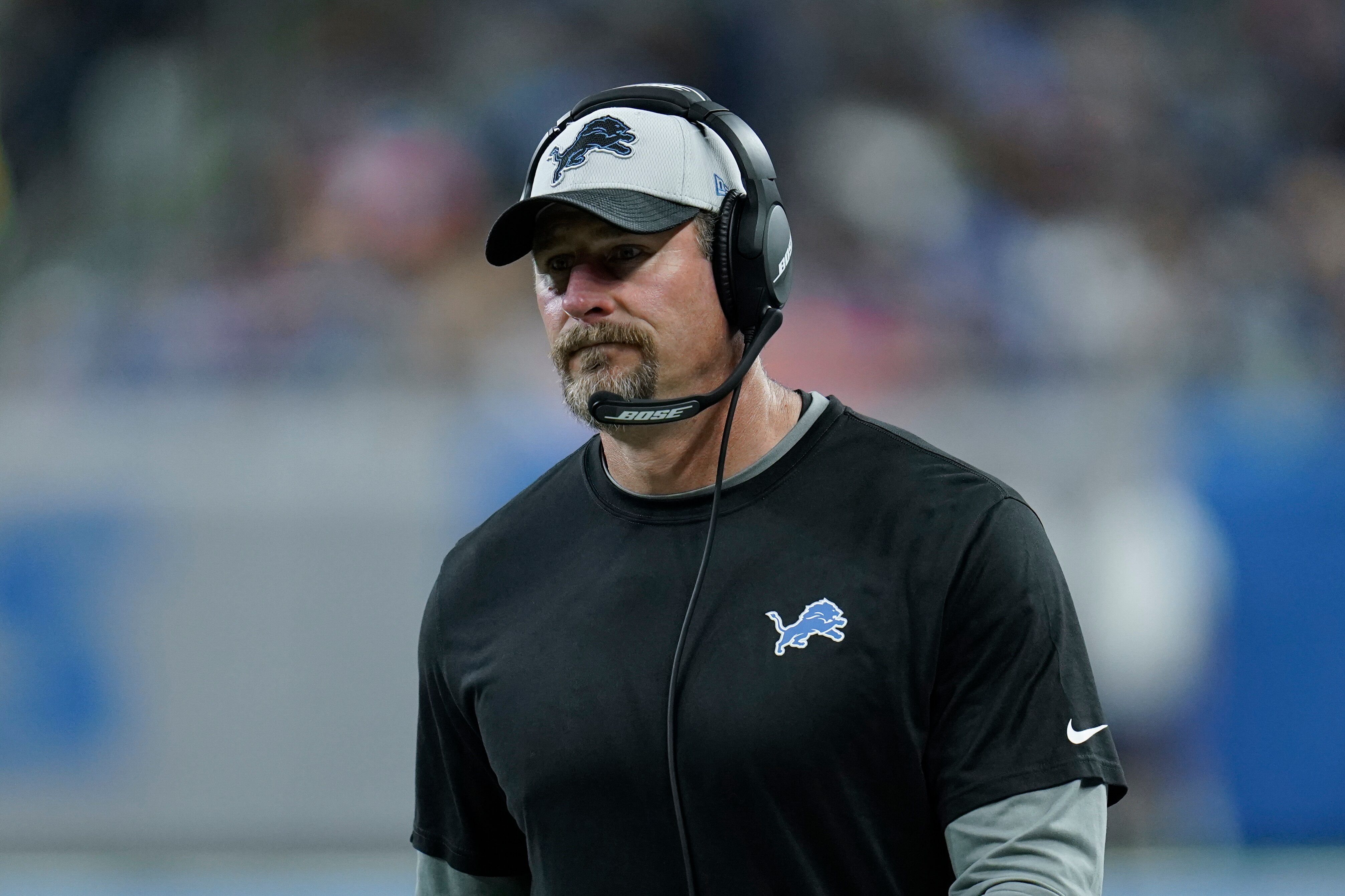 Detroit Lions head coach Dan Campbell watches against the Chicago Bears during an NFL football game in Detroit, Thursday, Nov. 25, 2021. (AP Photo/Paul Sancya)